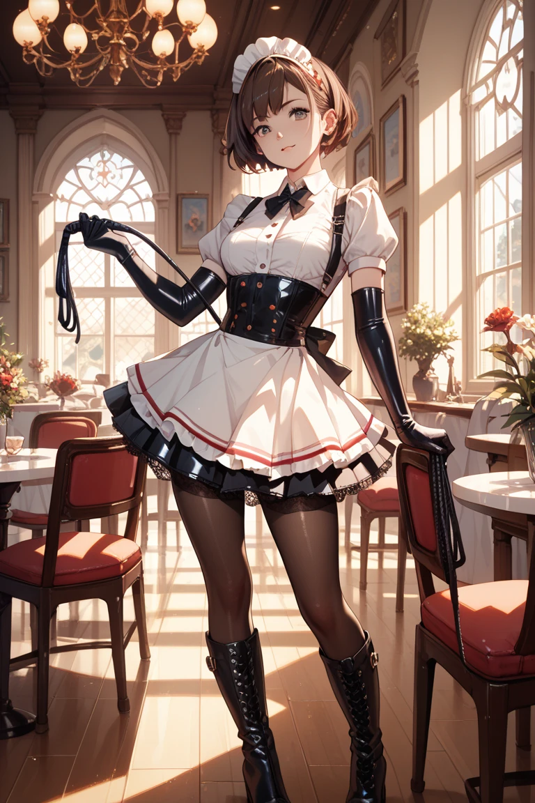 score_9, score_8_up, score_7_up, score_6_up, score_5_up, score_4_up, source_anime, 1girl, black hair, повязка на голову, рожки, один клык, red eyes, w-w-chain, shackles, Hang a girl up, raise arms, long hair, maid's outfit, black thigh high boots, heels, night, windows, dungeon, best quality, best res, 4K UHD,
