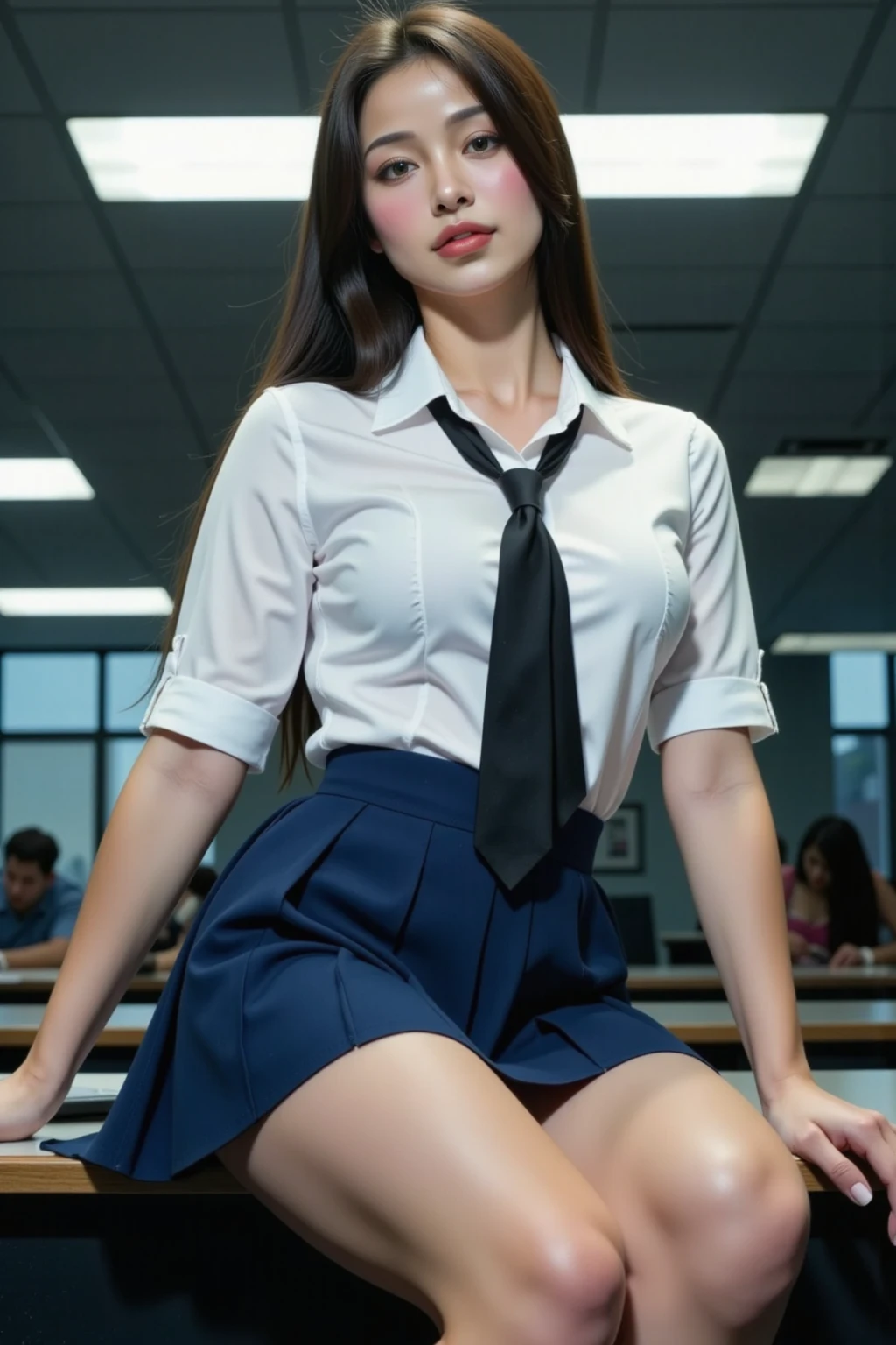 A woman, seductive smile, white blouse, blue pleated skirt, thighs, school tie, sitting on desk, dynamic angle, looking down, from below, epic scale, a cinematic film scene with fluorescent light, skin tone film style, painting style, Frank Frazetta style, dark, drkfnts style