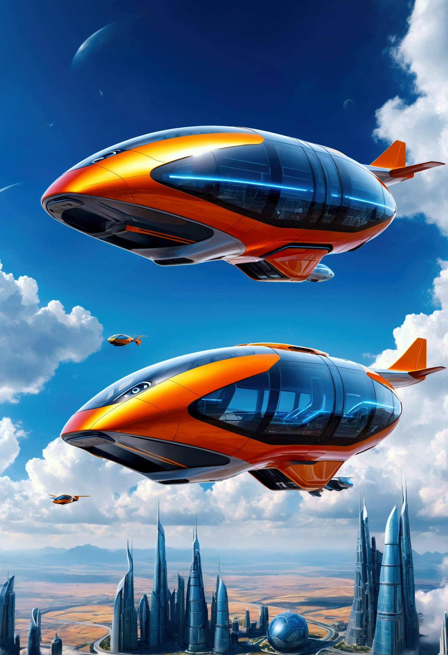 Two futuristic flying buses in the sky