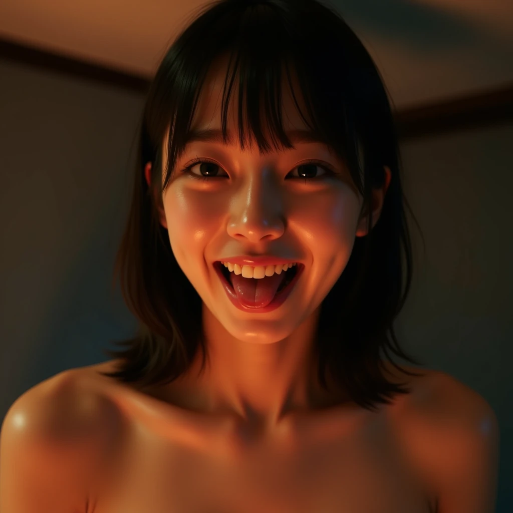 NSFW,(point_of_viewer shot),(masterpiece,best quality,ultra detailed,high_resolution,photo_ realistic ,Thorough realism,raw photo,Absurd_res:1.1),(young_girl open mouth wider and sticking_out_tongue),closeup perfect  realistic  tongue, happy,delicate,complete nude,Japanese_Idol,black straight hair,kind eyes,bare small breast,nipples,sweaty natural texture skin,blushed_face  BREAK night bad room,warm_color dim lighting,(ceiling,from below ground level),