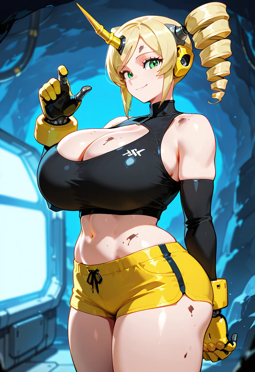1girl, large breasts, thick thighs, toned, teenage, toned female, blue eyes, blue bodysuit, bodysuit, futurustic, science-fiction, neon trim, neon, neon lights, blonde hair, very short hair, pixie cut, tomboy, salute, standing, smile, smirk, smug, cameltoe, pilot suit, tomboy, ((standing))