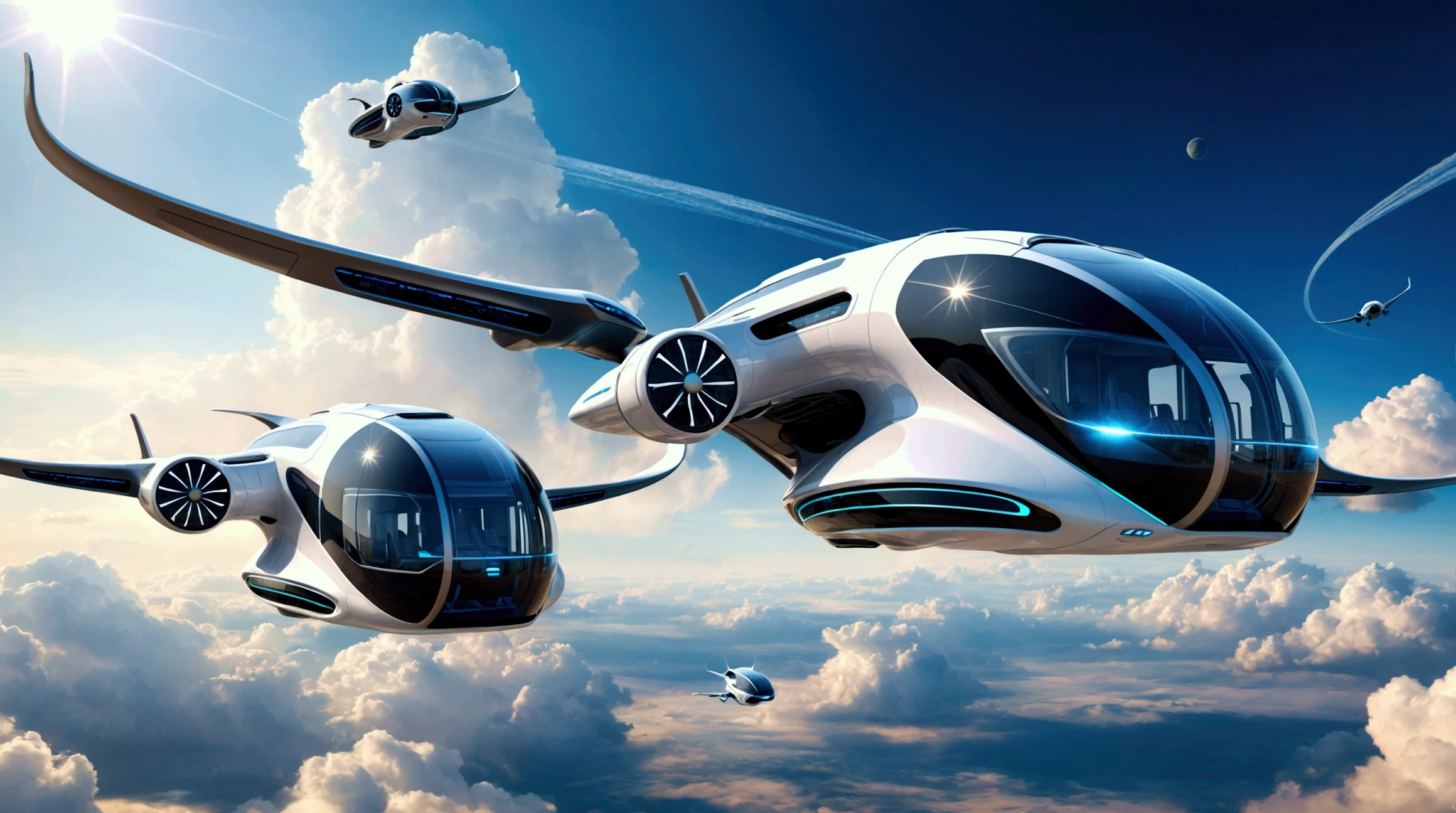 Two futuristic flying buses in the sky