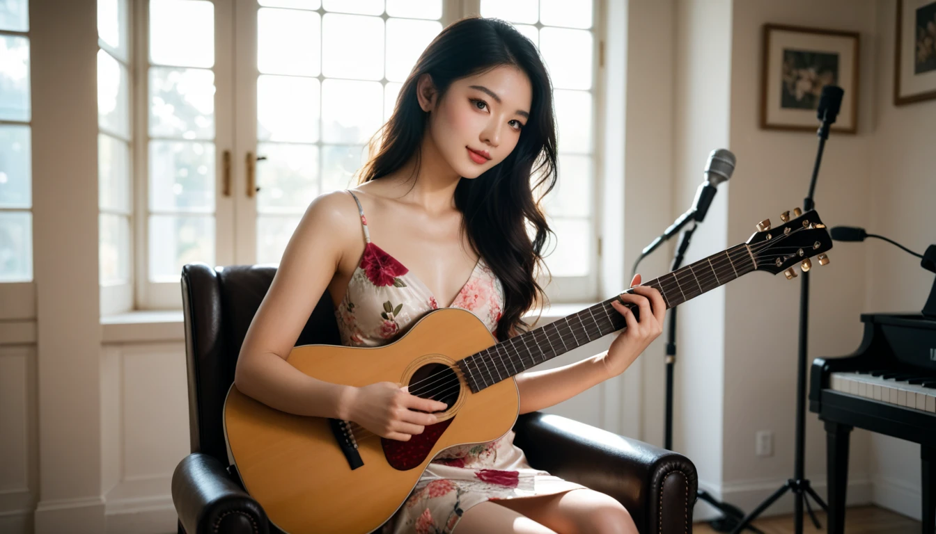 Ancient Roman ruins in the style of Poussin,A smile,,Sweet and seductive appearance.、she ptaying guitar,Caravaggio's paintings、Chiaroscuro of Caravaggio、Hair disheveled in the wind,Cute smile, Expression of ecstasy,A sexy,erotic