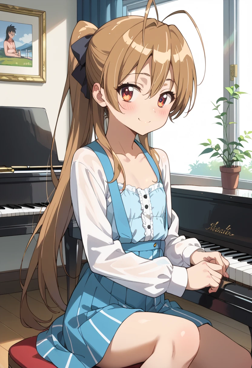 (( best quality )), ((masterpiece)), (be familiar with),  perfect face, indoor, bedroom,  watching viewers ,
One woman, Miyamoto Rei,
開いた口,  ecstatic expression beside the piano, blush, smile,
 small tits,  flat chest, Young girl, Lori,  s,  girl,
 long hair,  ponytail,
Leg spread,