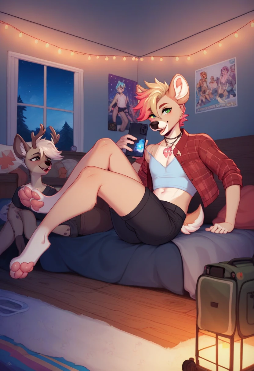 score_9, score_8_up, score_7_up, score_6_up, score_5_up, score_4_up, BREAK (nsfw), One anthro male, furry, hyena, deer antlers, dark hyena spots, white fawn spots, light brown fur, hyena face, hyena paws, paw feet, cute paw feet, one red eye one green eye, different color eyes, heterochromia, bright red hair, neon hair, dyed hair, mullet hairstyle, twink, femboy, femboy jock, thin body, slim body, thick thighs, big round ass, wearing tiny pijama shorts and a matching spaghetti strap cropped shirt lying on a bed next to a open window playing on his phone at night, gamer set up, college bedroom background, posters on the wall, transgender pride flag, rainbow flag, led lights, pink blue and white clothes color scheme, blue pink and purple background color scheme, cyberpunk, full body, sex toys