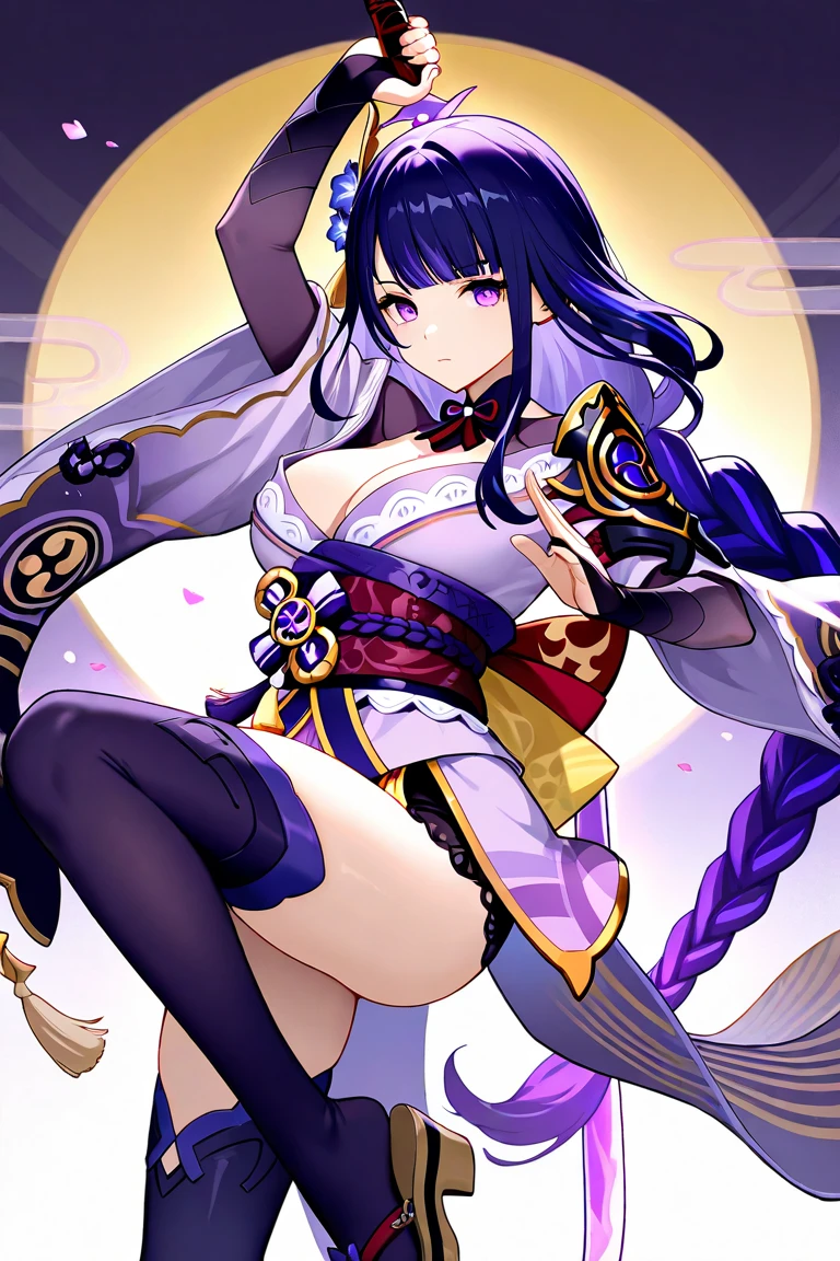 raiden_shogun, \(genshin impact\), parted lips, detailed face, detailed eyes, detailed hair, breasts,
break
close up,
break
purple kimono, purple dress, purple thighhighs, nail polish, long sleeves, obi,  tassel, pelvic curtain, wide sleeves, purple nails, flower hair ornament, mole, hair_ornament, armor, ribbon, shoulder_armor,
lazy,
break
holding fan, looking at viewer,
break
watercolor,  [celluloid:cel shading:0.6],
break
beautiful, aesthetic, detailed, beautiful color, amazing quality, best quality, high quality, <lora:genshin_all:1>,