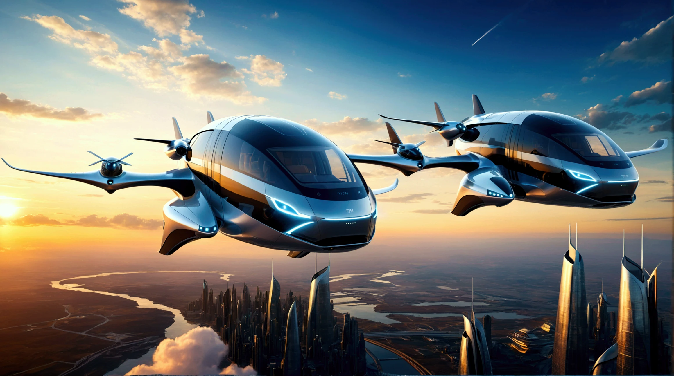 Two futuristic flying buses in the sky