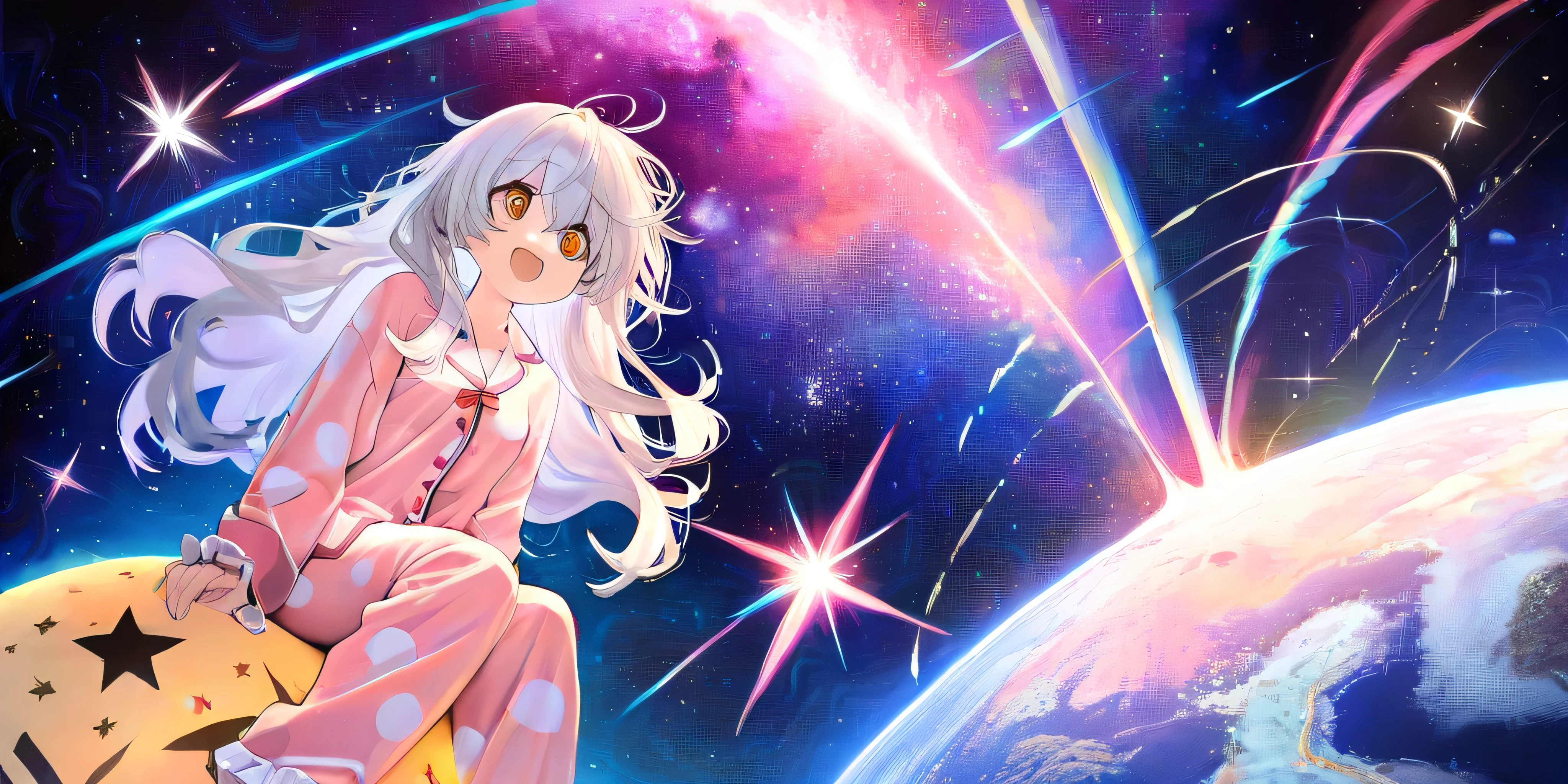 (1girl\(Pajamas\) sitting on (star mark:1.3):1.4) with big smile. BREAK .at beautiful nebula, (so many shooting stars),many beautiful planet,dynamic angle, focus on girls face, watercolor picture-book style,rough touch, space-scape,masterpiece,best quality