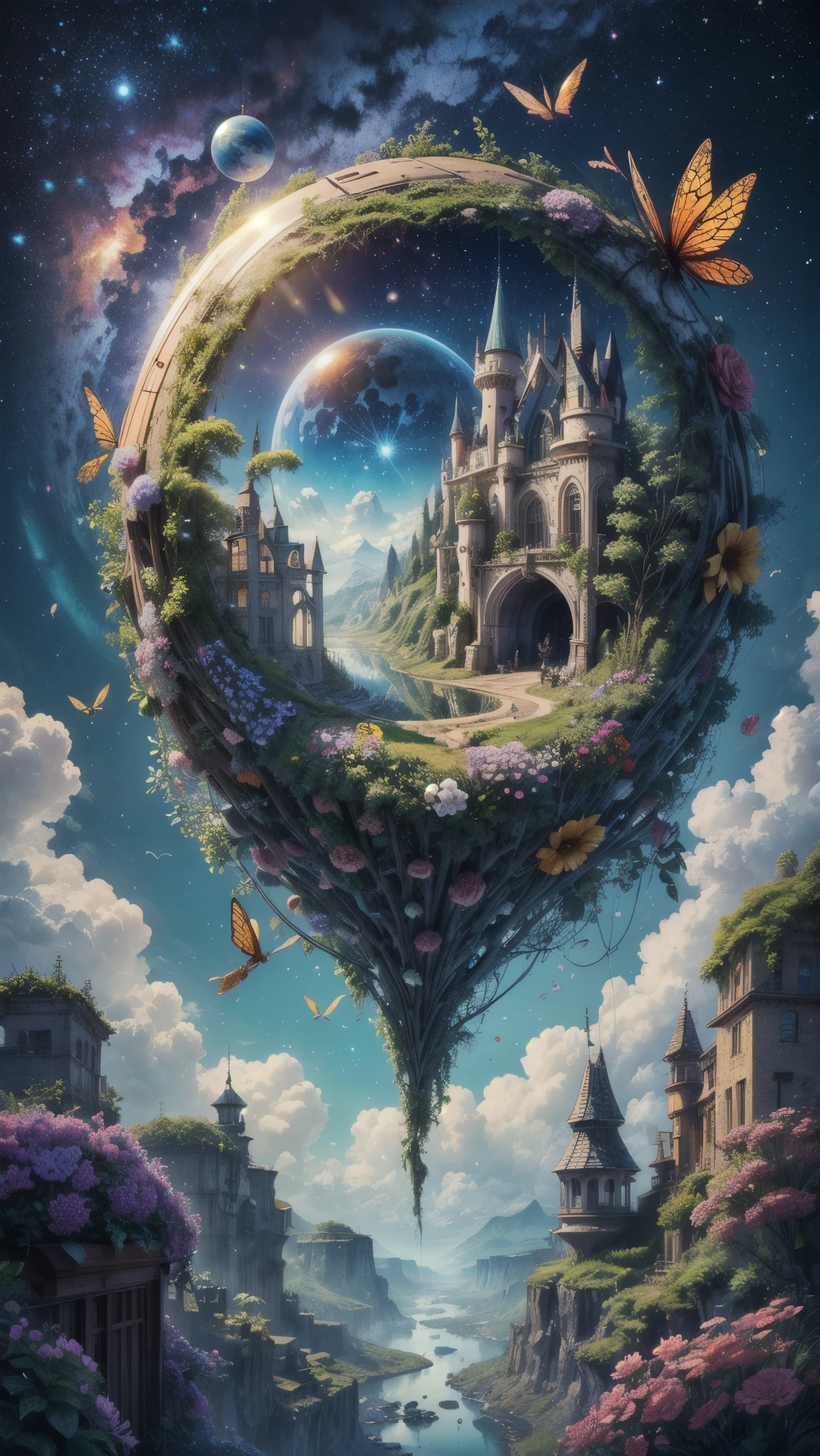 universe、 Colony in the Universe /( Spherical Structure  )、 Wrapped in bluish fog 、  colorful and fun illustrations,[   steampunk elements], Mirror Finish Vividly Colored Realistic Flowers々　 Wonderland Worldview 　 Ultra Realistic and Realistic 　 Beautiful 8K High Resolution with Delicate Touch , accurate,  has won numerous awards,  high image quality model , high quality,  Ultra Fine,  very detailed on trends, quality, 高い details ,  details , 最high quality,  Vivid and Brilliant Color Touch 　Same as the sample 　 Specimens and Two Melons, Delicate and Beautiful Images 　 Highest Image Quality
