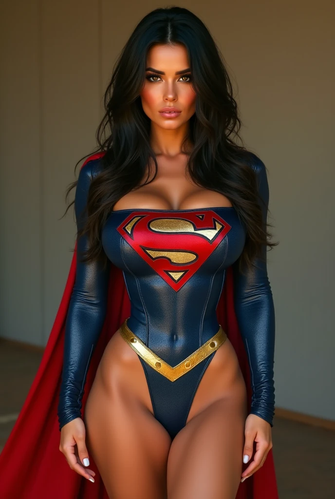 Black African american woman, MILF de 45 anos DE IDADE, cabelos PRETOS, His eyes are dark, transmitindo sua personalidade sensual e sexy, seios grandes e cheios、looking at the camera, (sweating:1.2), (Wet), sexy, (Tentador Adulto) voluptuoso, Curvy, (Seductive dynamic pose) (seios pendurados), (clivagem profunda). quadris enormes, . Emily is a superheroine muito sexy, super sexy, Usar roupas da supergirl, roupas supergirl rasgadas, destruidas, decote sexy Best quality, Realistic photo, photo de corpo inteiro, bunda visivel