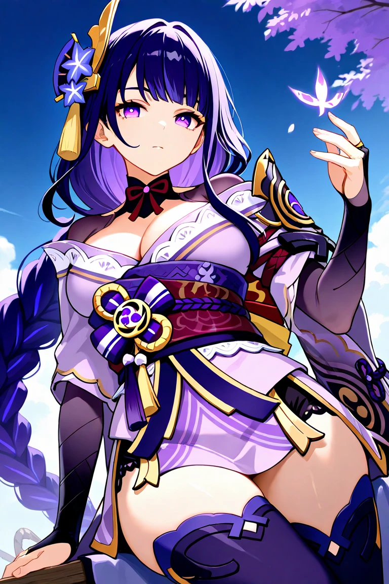((Masterpiece)), ((HD,)), ((aesthetic)), 《Raiden Shogun》, 《Genshin Impact》, cute face, blushing, smile, sexy pose, full body potrait, nice ass, nice breast, medium breast