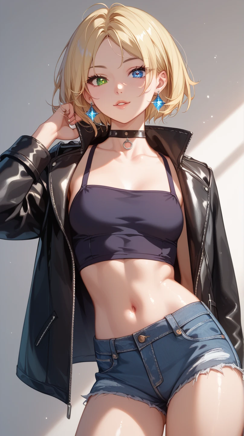 pov,slouch+,on side,tsurime+++,(arms crossed)++,diagonally,pigeon,(photo realistic)++,toed,lovehandle,oil++,solo,girl,necklace,thigh+++,,,masterpiece,lens flare,shiny eyes,yellow hair,short hair,shiny hair,center face,foreground in photo,realistic+,makeup,empty eyes,tongue,gal,leaning forward,action,short pants,white,shirt,blazer,bracelet,,cleavage,Thick thigh,belly button,katana