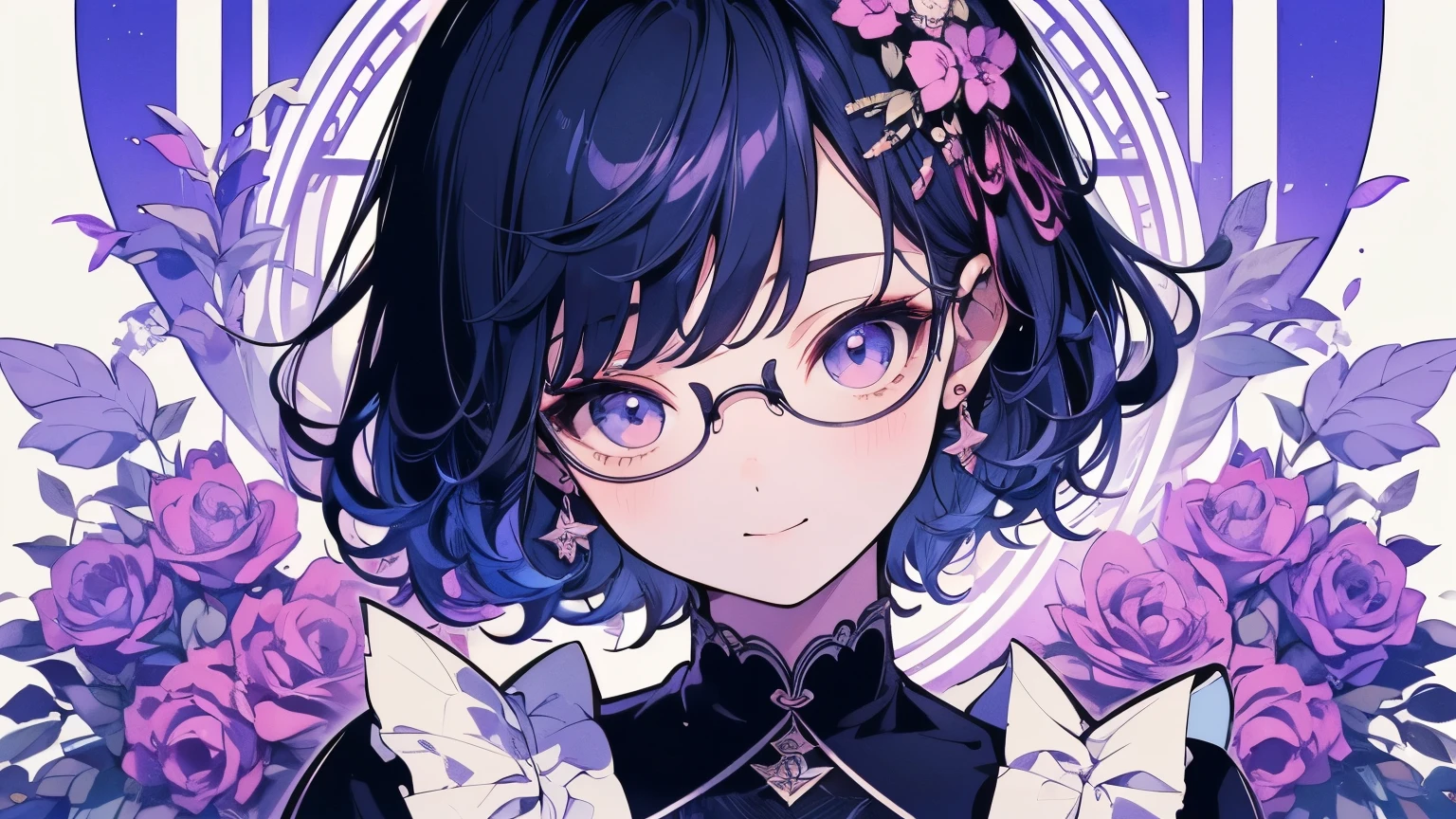 (( top quality )), ((Masterpiece)), ( Details), wallpaper、 Very Details、((( Very Detailsな目と顔)))、Masterpiece、 top quality 、 open your mouth and laugh 、 squint、 To Details、 Movement angle 、、smile、whole body、 Glasses、Face the audience 。、 short hair、Blue Hair Color、 Curly hair、Delicate fingertips、 black turtleneck surrounded by a window sill , stand straight and face the front with curly hair and elbows 、 Long Sleeve , bright color , white and purple background
