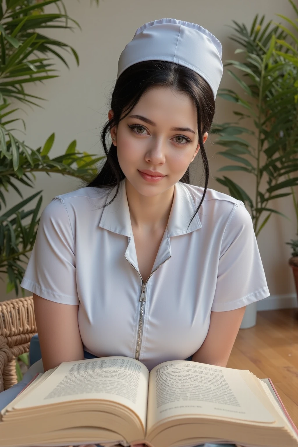 
“A nurse in uniform sitting with an open book on the table, looking over the top edge of the book with a curious and playful expression.”