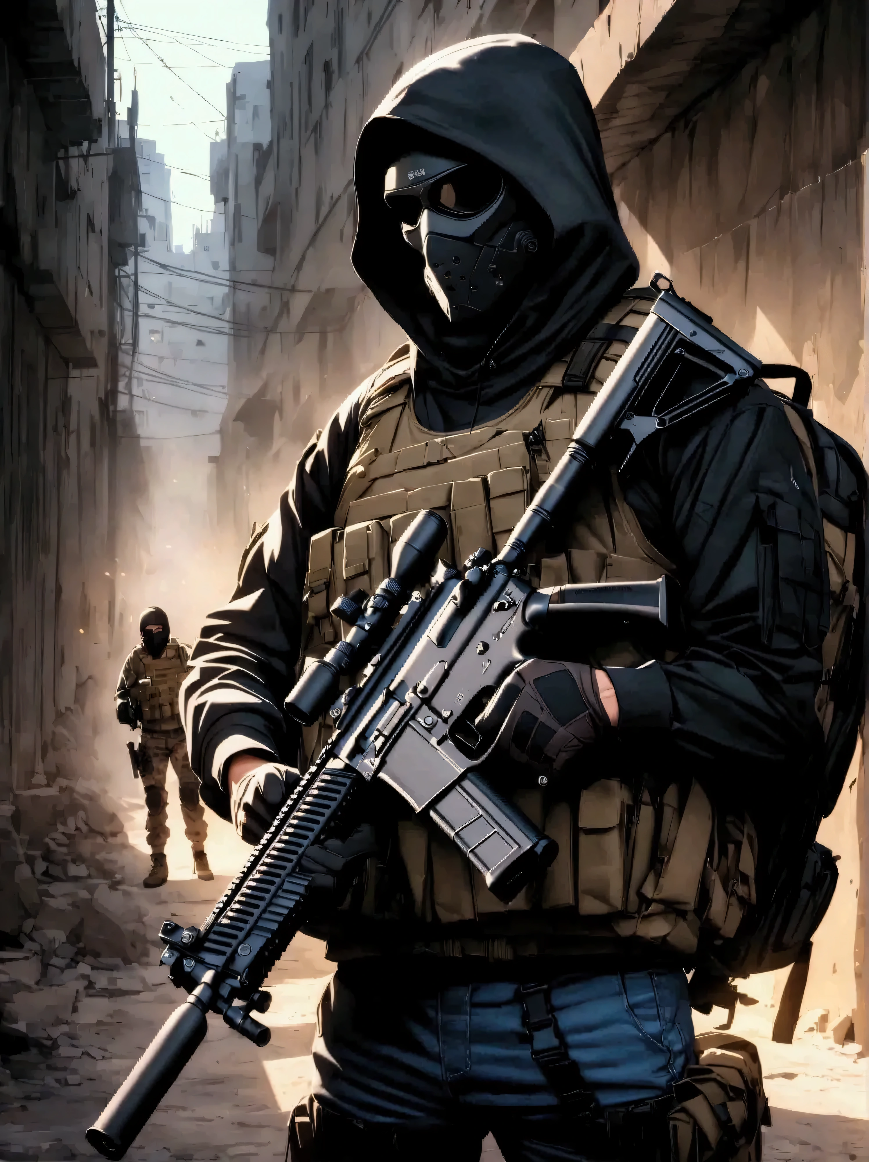 ((4K works)), masterpiece, (top-quality), ((high-level image quality)), ((One Manly Man)), Slim body, ((Dark gray Fleeca hoodie)), ((Black turtleneck)), ((Half-skull mask covering neck and mouth)), ((Black hybrid tactical vest)), ((Black tactical belt)), ((Dark blue faded jeans)), ((Black tactical knee pads)), ((Dark brown tactical shoes)), ((Black tactical gloves)), ((Military watch)), ((Sig-Sauer MPX with ACOG scope)), ((30-round magazine)), ((Small front grip)), ((Suppressor)), ((HK USP 45 with silencer)), ((Black Triumph sports backpack)), ((Tactical gear)), ((Neutral stance)), ((Serious expression)), ((Detailed gear)), ((Tactical environment)), ((Modern combat look)), ((Urban style)), ((Shot diagonally from the side)), ((Upper body photography)), ((Artist Photos)), ((Shot with strong lighting)).