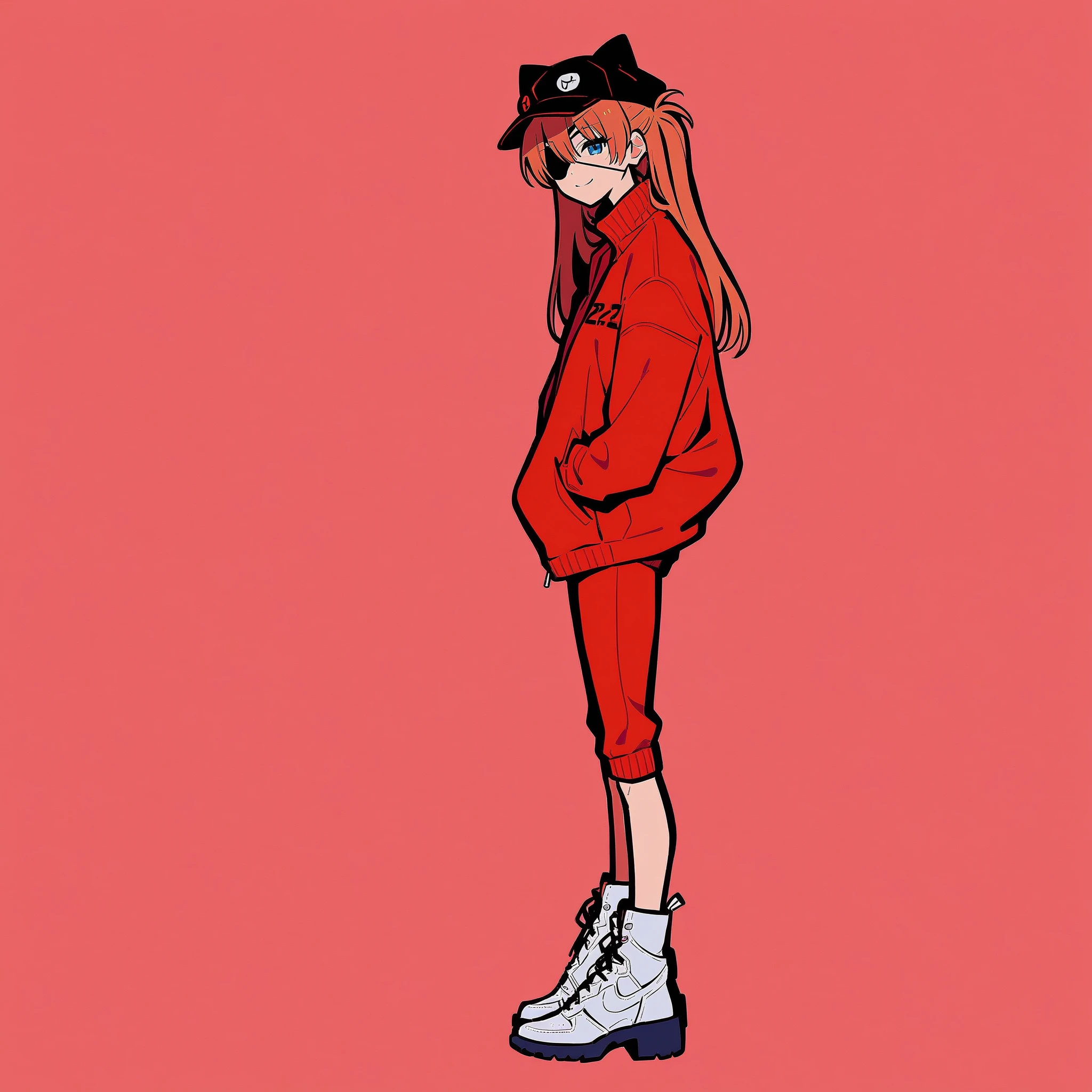 Masterpiece, best quality, simple background,red background,flat color, 1girl ,full body, , from side, smile,, Neon Genesis Evangelion 、 Shikinami Asuka Langley 、 blue eyes、 Red Jacket , red plug suit underjacket, Cat hat, eye patch, upper body、枠,