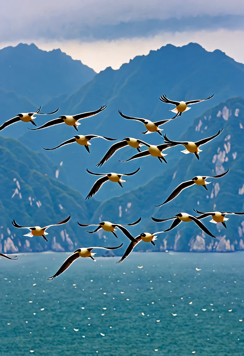 (The flight of a large group of cute little birds:1.2)、( small birds close-up)、A wonderful journey、sea、sea岸線、Mountain、null、Cloudy、Masterpiece,  top quality ,