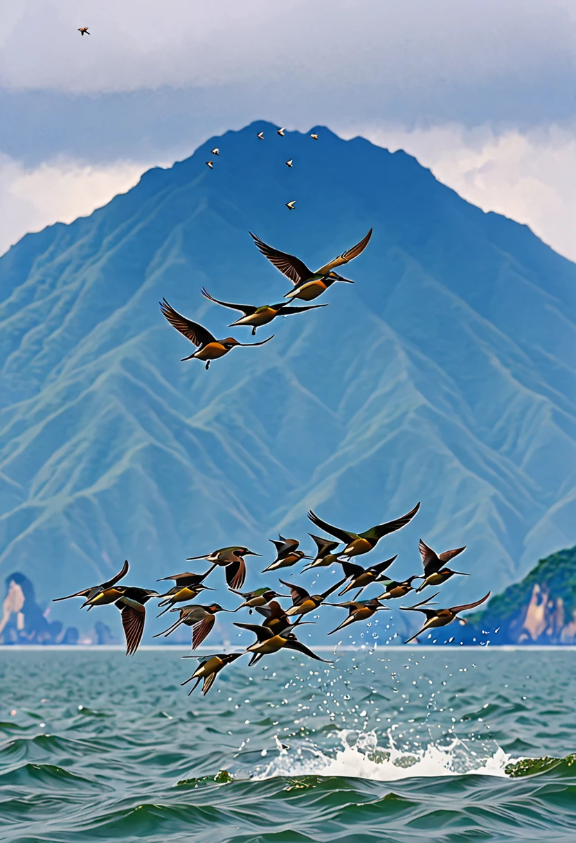 (The flight of a large group of cute little birds:1.2)、( small birds close-up)、A wonderful journey、sea、sea岸線、Mountain、null、Cloudy、Masterpiece,  top quality ,