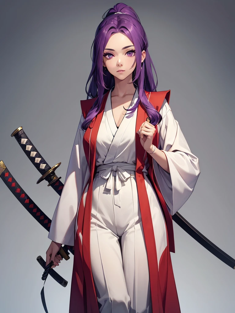 this is a picture of a girl dressed in a long gown with a sword, clean line drawings, ultra cute girl, ultra cute face, ultra detailed eyes, ultra detailed hair, ultra cute, ultra beautiful, ((high end)), (UHD picture), (best quality,4k,8k,highres,masterpiece:1.2), top-quality(​masterpiece), top-quality, ultra-detailed, highly detailed texture, intricate details, high quality textures, masterpiece, best quality, perfect quality, perfect anatomy, perfect body, perfect symmetrical face, perfect hands, perfect feet, (two arms:1.2), (two legs:1.2), (five fingers each:1.2), (perfect joint:1.2), perfect joint movement, precise fingers and hands, 1 beautiful girl, 1 girl, alone, solo, , , ((())), ((ish)), (Best Quality, hight resolution), extremely detailed and lifelike, Vibrant colors, simple background, very long hair, forehead visible bangs, hair flaps, purple hair, ponytail, well-formed face, purple eyes, japanese clothes, samurai, open vest, red vest, white kimono, long sleeves, wide sleeves, haori, long hakama, wide hemmed hakama, hakama pants, long trousers, sword, katana, holding katana, weapon