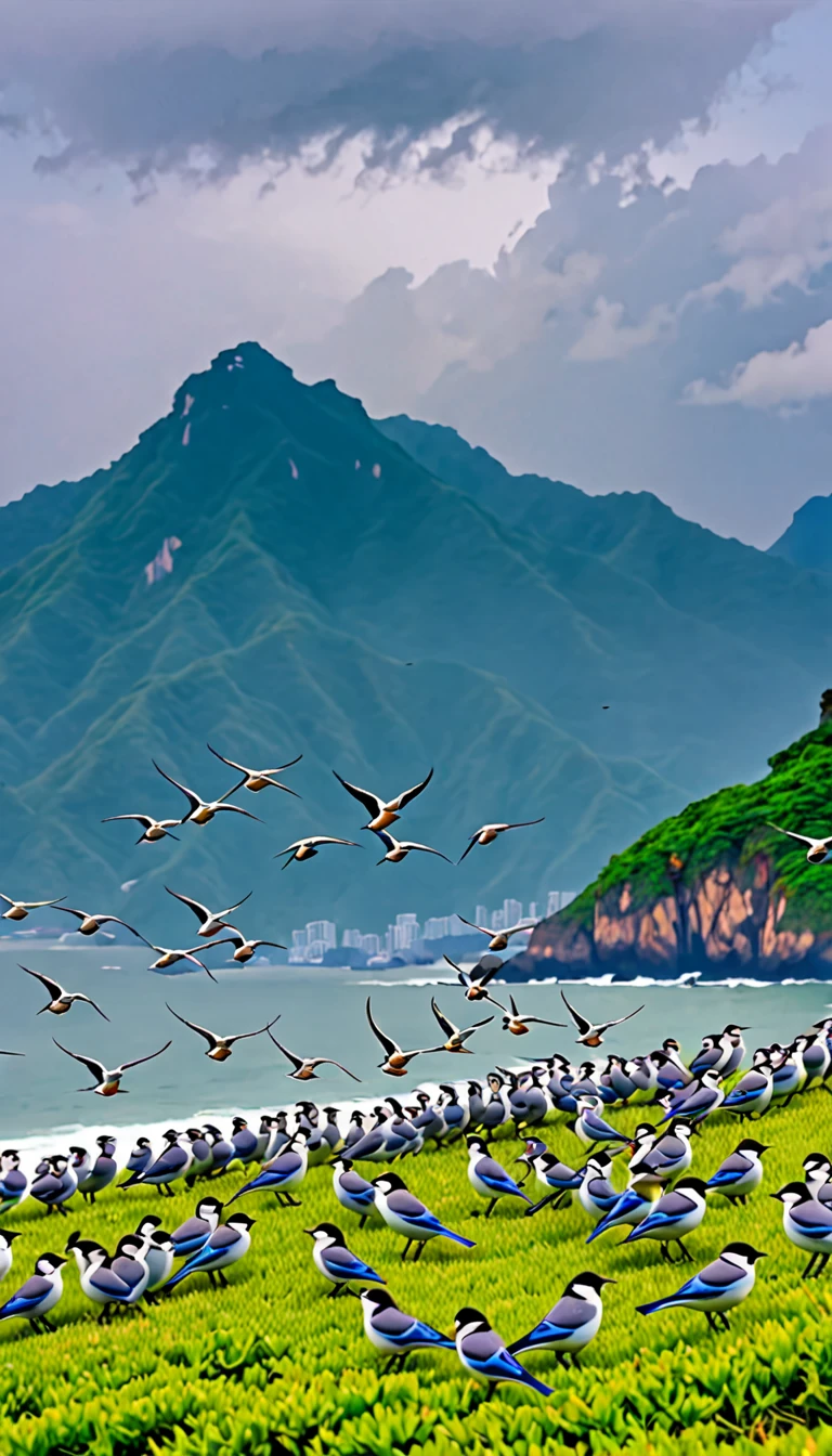 (The flight of a large group of cute little birds:1.2)、( small birds close-up)、A wonderful journey、sea、sea岸線、Mountain、null、Cloudy、Masterpiece,  top quality ,