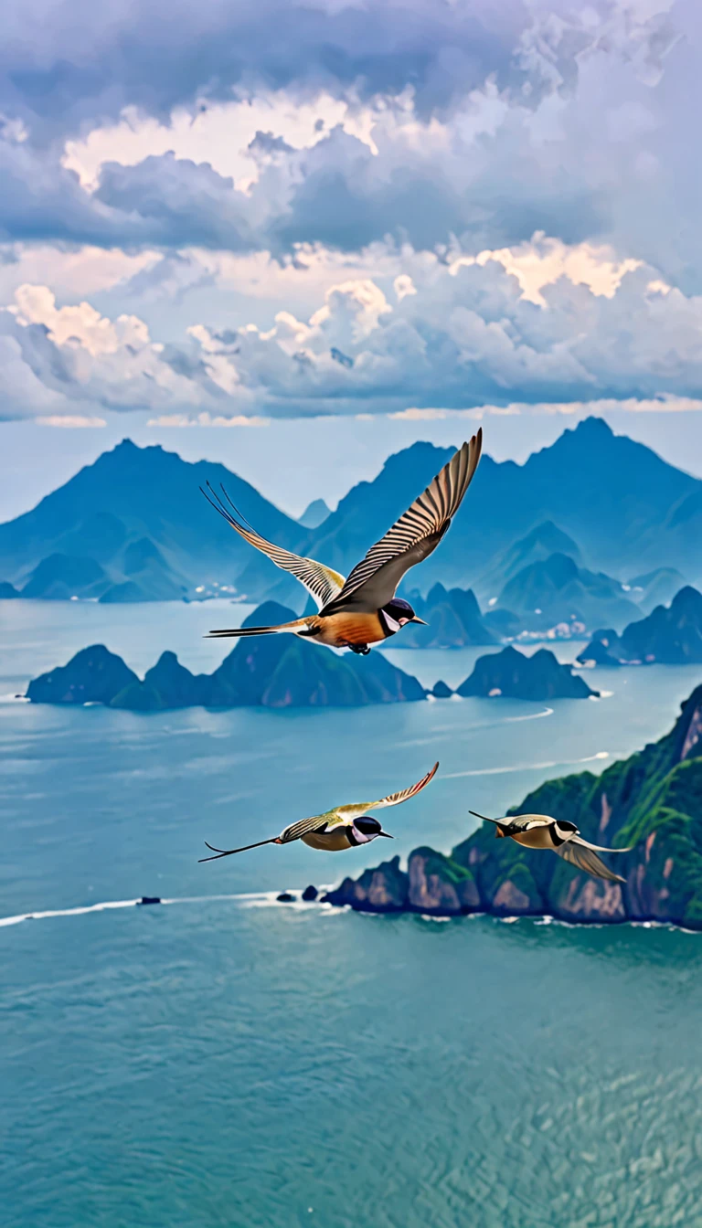 (The flight of a large group of cute little birds:1.2)、( small birds close-up)、A wonderful journey、sea、sea岸線、Mountain、null、Cloudy、Masterpiece,  top quality ,