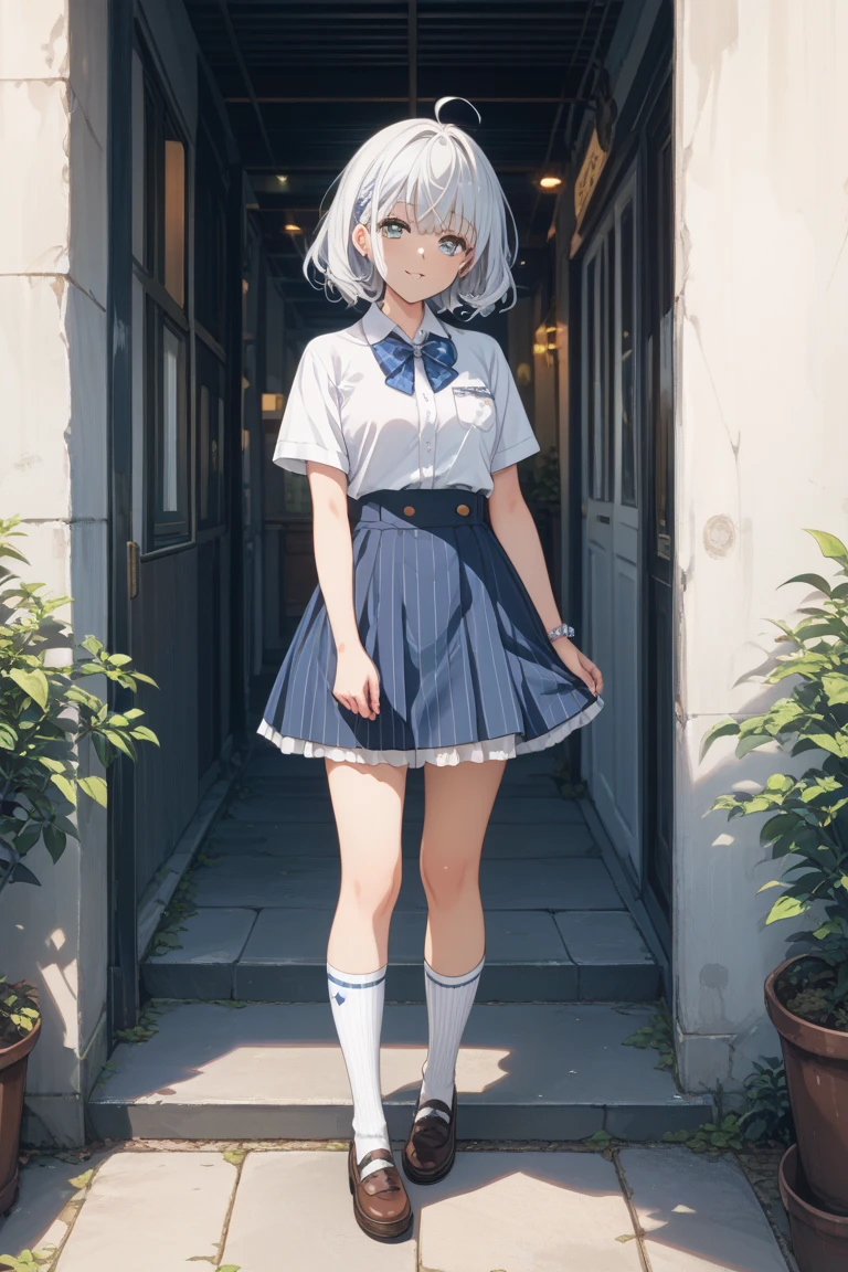 White Hair Fair skin Eyes are light blue Clothes are white and blue sideways stripes has pure white skin Japanese face woman The background is a gray wall The skirt is the same color as the eyes white long socks White Hair飾りを右に付けてる Standing still