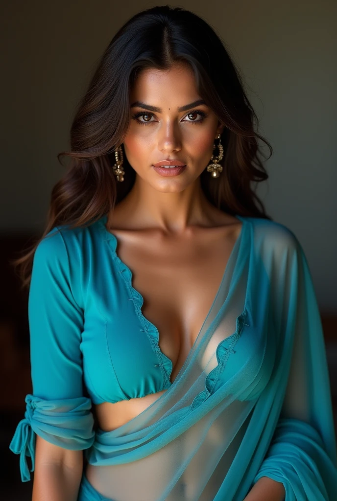 photo of a 25 year old Indian woman, RAW, beautfull woman, (extra long wavy brown hair), ((portraite)), ((rosto detailded: 1.2)), ((detailedfacialfeatures)), (finely detailed skin), pale skinned, terno bodycon hasmat bodycon de decote profundo altamente detailded, megacity atmosphere, (cool colours), humid, humid, reflexes, (Masterpiece artwork) (perfect aspect ratio)(photo realist)(best qualityer) (detailded) photographed on a Canon EOS R5, 50mm lens, F/2.8, HDR, (8k) (wall-paper) (cinematic lighthing) (lighting dramatic) (sharp focus) (intrikate) lo fashion