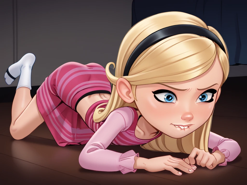 1girl, solo, full body, penny peterson, long hair, blue eyes, 3d, blonde hair, skirt, hairband, black hairband, white socks, dress, pink dress, long sleeves, top-down bottom-up, >.<, Scared, eyes Wide open, Lip Bite, Closed teeths, Straigh on, Belly Down, On Floor, ((Bedroom), grounded, Andystyle, 4k