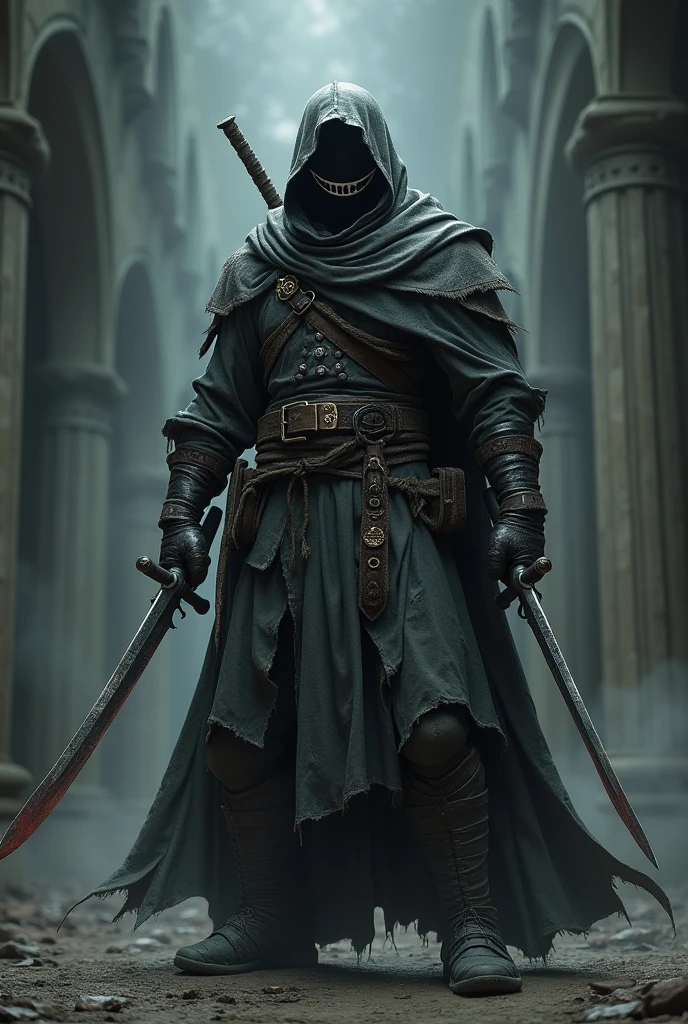 A gothic executioner in a dimly lit chamber, wearing a blood-stained black hood and cloak, holding a rusted axe. Detailed cobwebs cover the walls, and eerie shadows dance in the flickering candlelight. The executioner's face is masked, but his eyes gleam with a sinister intent. The atmosphere is filled with the scent of dampness and decay. The scene is rendered in a dark, moody style reminiscent of classical oil paintings, with a focus on realistic textures and intricate details. The color palette is dominated by deep, rich hues of black, gray, and crimson. The lighting is dramatic, casting long, ominous shadows and creating a sense of foreboding. The overall image is of high quality, with ultra-detailed rendering and a photorealistic finish.