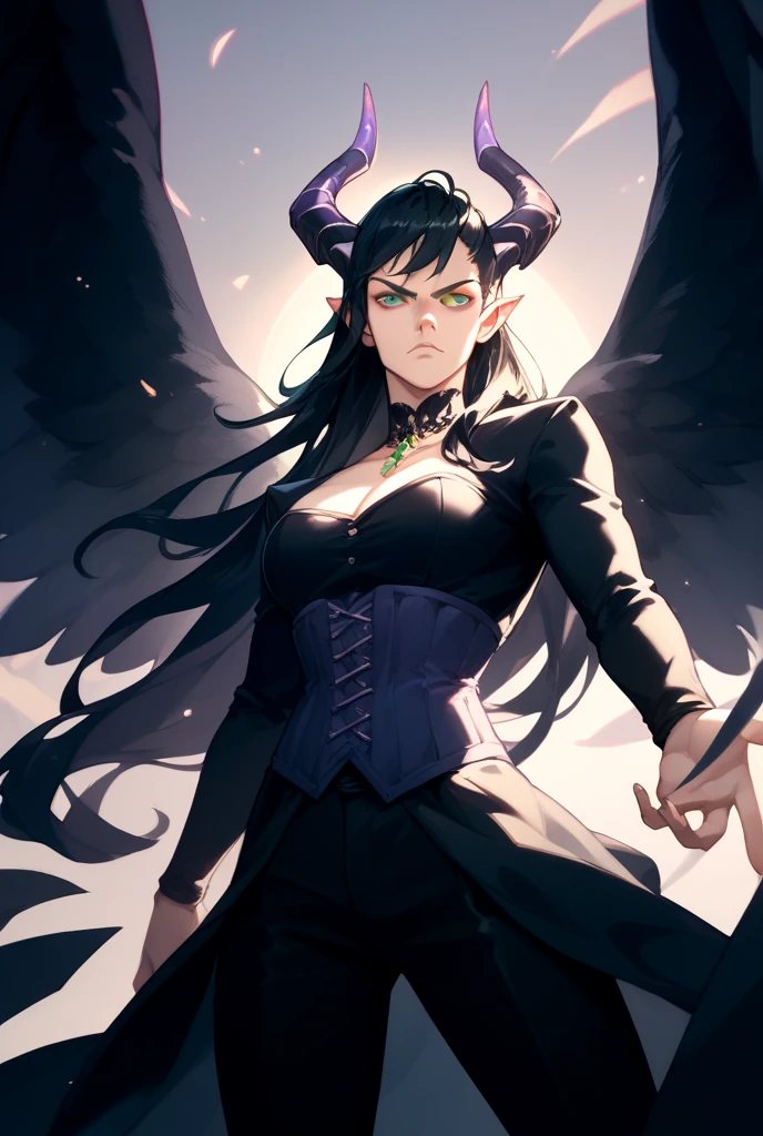 Horned man, fallen angel with outstretched wings, bright green eyes, black hair, serious expression, wearing a black shirt and a dark purple corset, along with elegant black pants