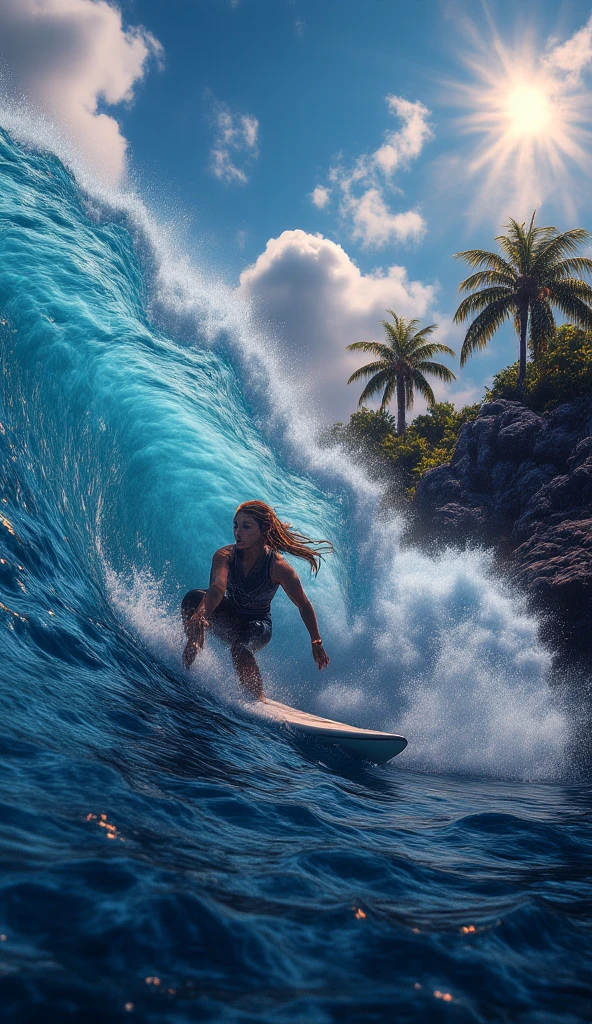 ( best quality ,4K,8k, high resolution,Masterpiece:1.2), Ultra Detailed ,( realistic,photo realistic,photo- realistic:1.37),  (((( Female surfers ride big waves  )))), Tropical Island ,  sparkling turquoise ocean, Blue sky with fluff clouds , sunlight, Sea Splash, wetsuit ,