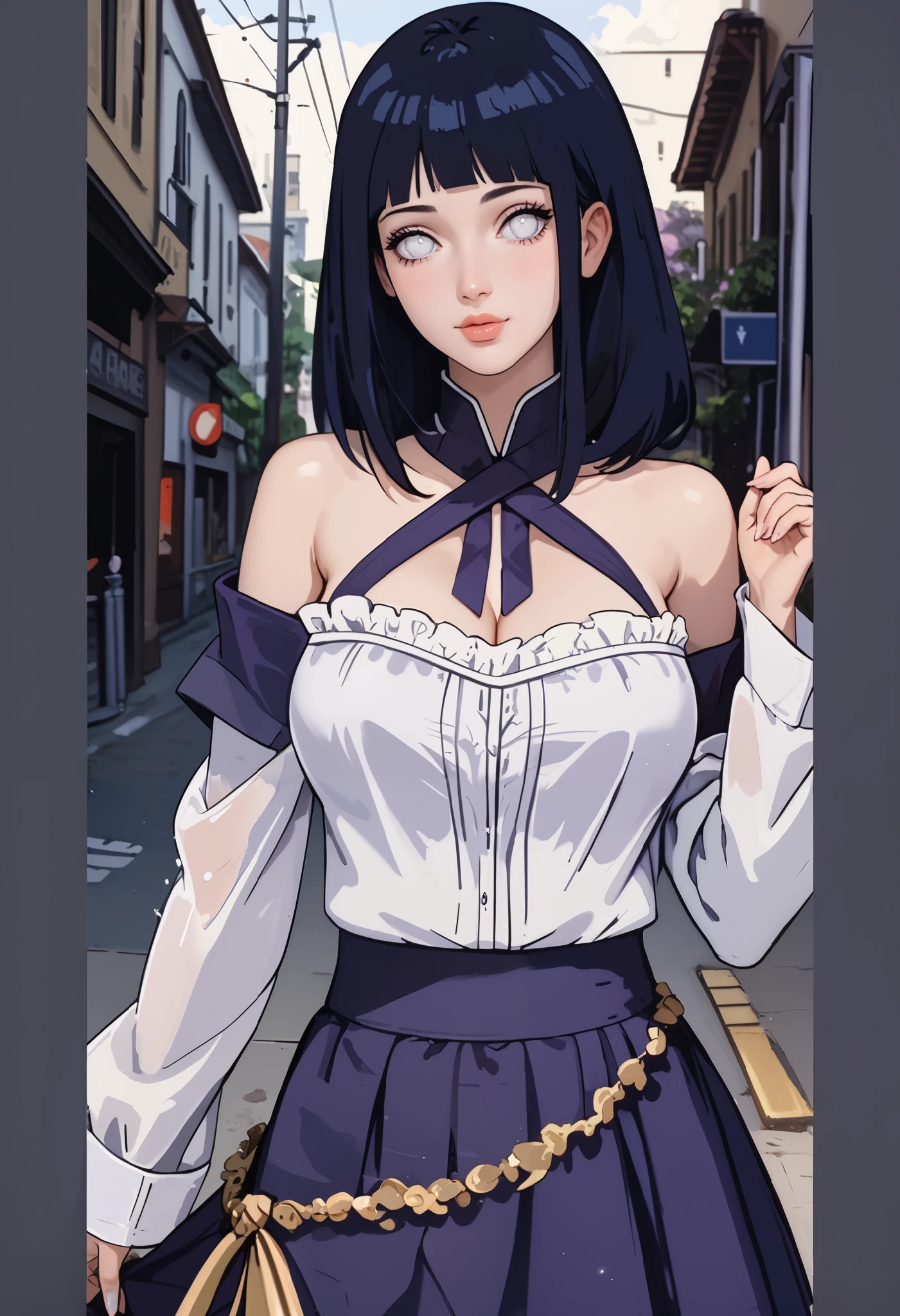 tmasterpiece, best qualityer, ultra - detailed, illustration,1girll,brunette
hair,dark-blue hair,White eyes,bluntbangs,cleavage,Large of breast,Dress off-the-shoulder
shirt,(Purple skirt:1.1)
looking at viewert,hyouka/(Boruto/),Detailed lips