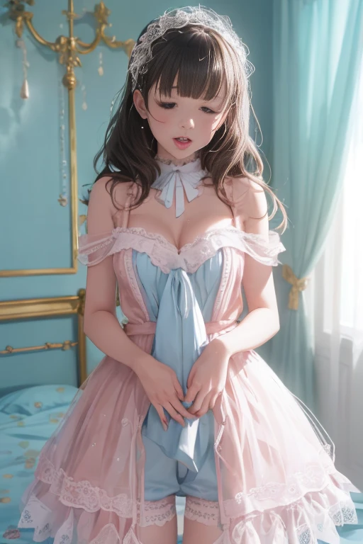 Soft pastel dresses　Fine lace and embroidery. Fluffy long hair tied up loosely.、corolla　Pale blue or pink、White or pastel colored long dress　first round　brainwashing　defeat　yield　Prostration　Princess　Big Breasts　clear