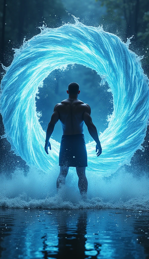 Black man water bending in the caribbean. Creating several water tornadoes. Fighting fire monster
