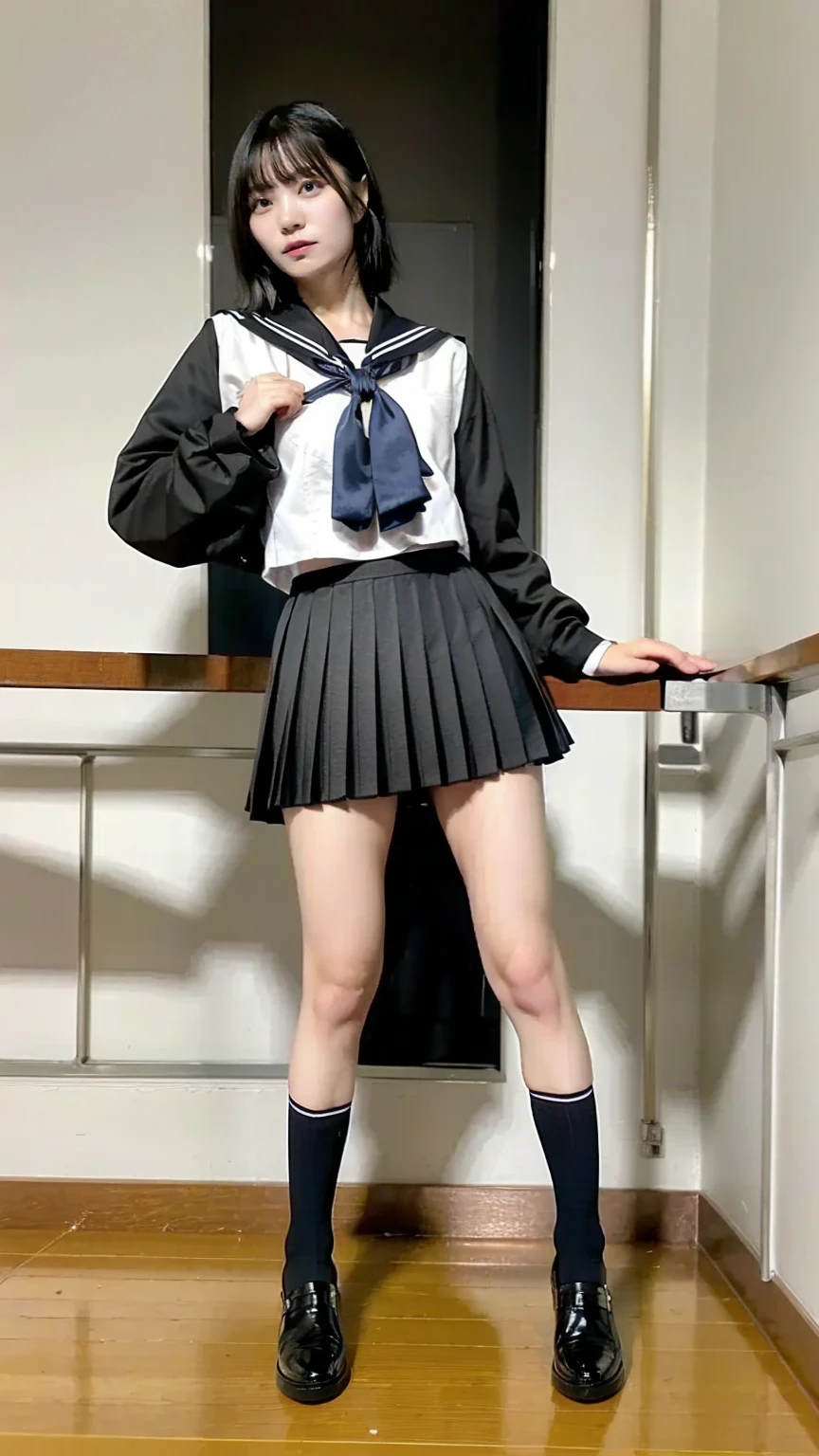 alone、high school girl、Natural body shape、White skin、Natural Makeup、Black Hair、bangs、Straight Long Hair、((High School Uniform))(((White blouse、navy pleated skirt、Micro Mini Skirt)))、(((Big Breasts)))、、School classroom、(turn around and look at the camera)、Full body photo、Head-to-toe portrait、Exposing your thighs、Dark blue socks、Black Loafers、Backwards、Focus on the butt、((Pure white panties))、Stick your butt out、((Are standing))、(((forward leaning posture)))、Dark blue socks、Black Loafers、((Place your hands on your knees))、Ahegao