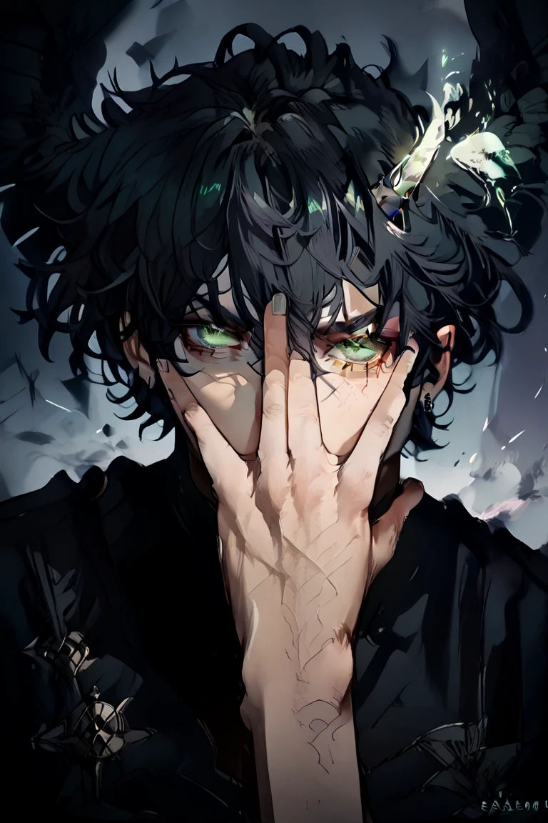 Horned man, MALE fallen angel with outstretched wings, bright green eyes, black hair, serious expression, wearing a black shirt and a dark purple corset, along with elegant black pants