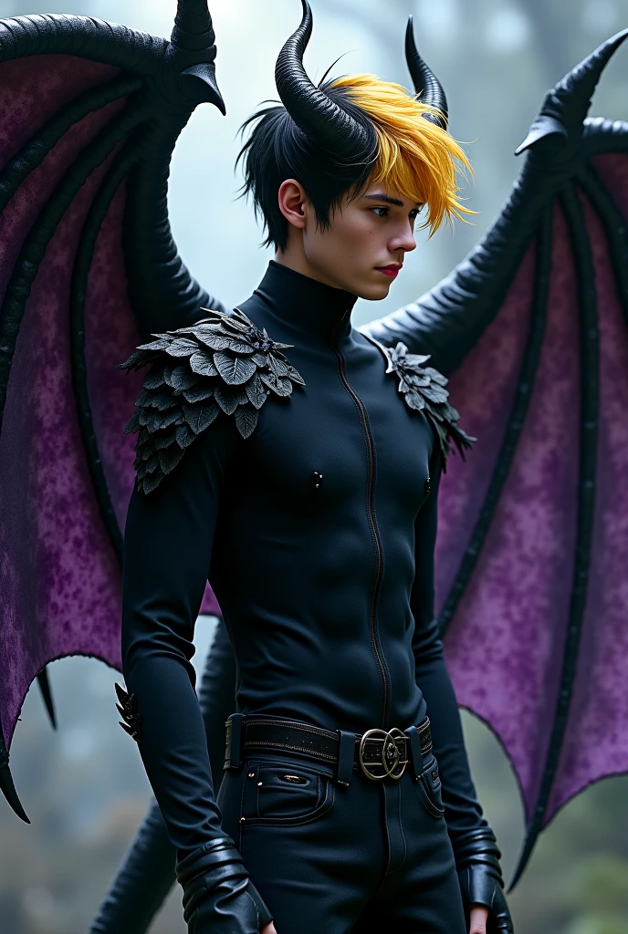 man with orange and yellow hair, green eyes, bare chest showing a demonic mark, modern pants, holding a 3-pronged sword, on top of a desert, fighting a giant flying manta ray, daytime, wonderful sky