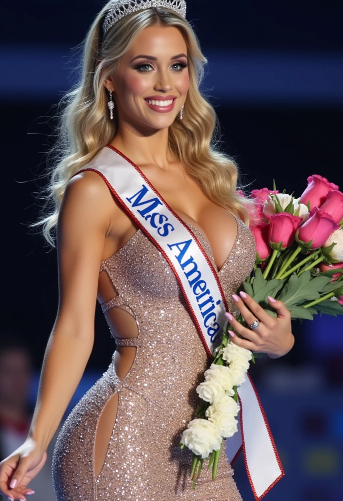 age 18, blue eyes,( Masterpiece, 4k resolution, ultra-realistic, very detailed) blonde hair, long blonde hair, wearing sparkly skin tight gown, smiling, hair up, standing on stage, winning a beauty pageant, wearing a tiara, winning Miss America, Miss America banner over the stage, holding a bouquet of flowers, curvy body, wide hips, blue eyes, smiling, large round fake breasts