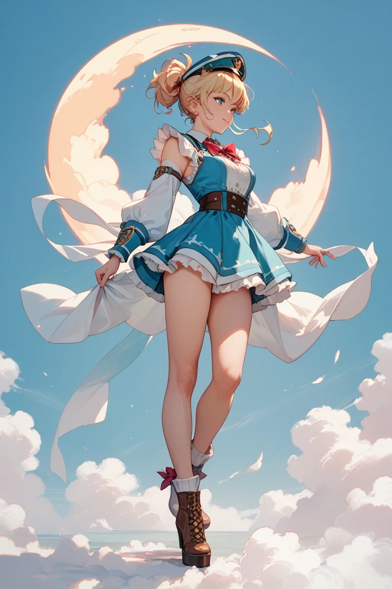 masterpiece, best quality, tina branford, green hair, cape, earrings, red dress, detached sleeves, hair ribbon, clothes around waist, print legwear, red boots, jumping, sky, cloud trails, (2heads:1.5)