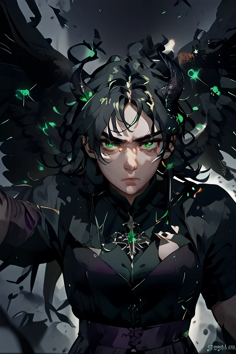 Horned man, fallen angel with outstretched wings, bright green eyes, black hair, serious expression, wearing a black shirt and a dark purple corset, along with elegant black pants