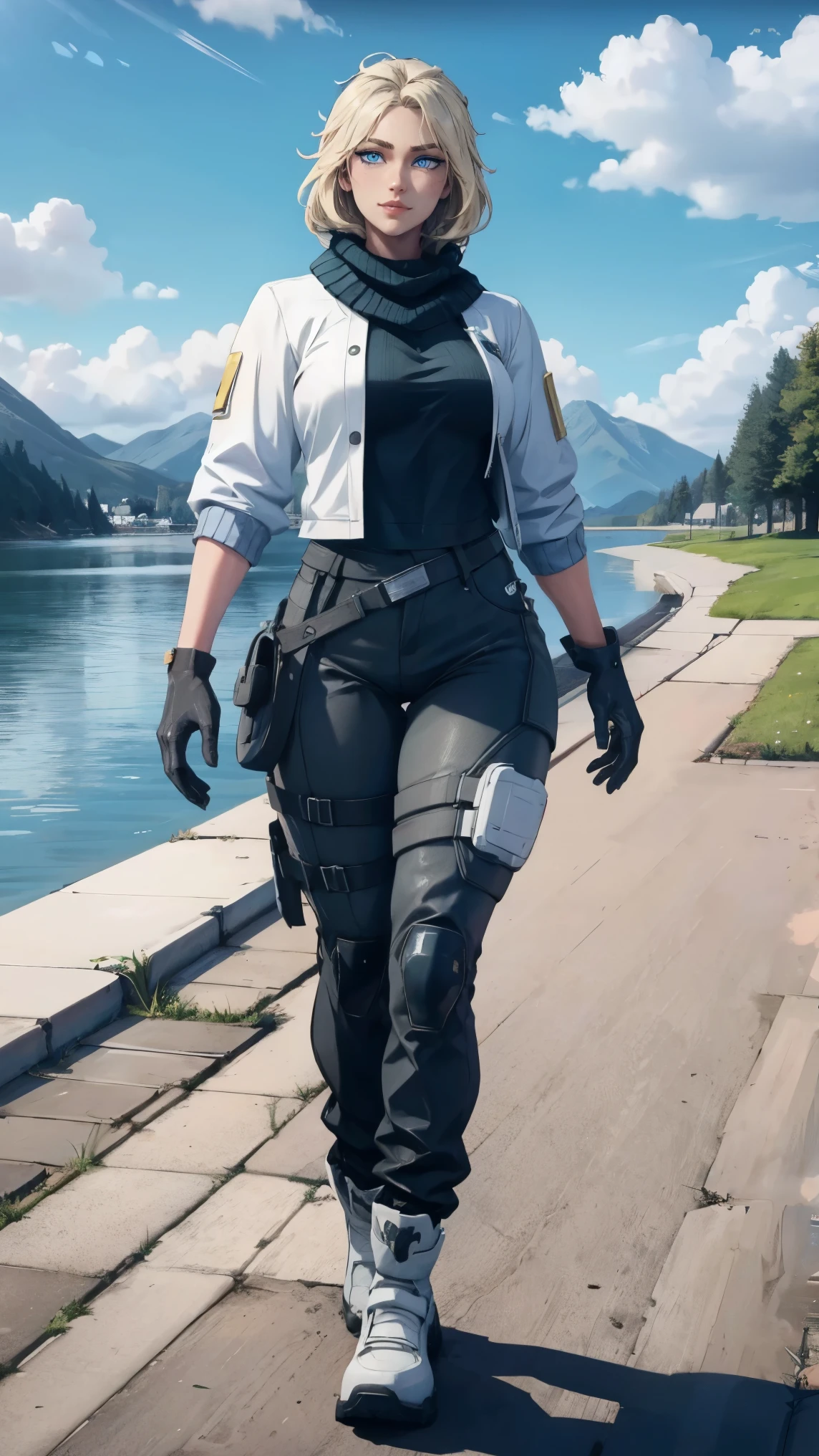 (masterpiece), best quality, expressive eyes, white skin, smiles happy, Norwegian girl, perfect face, gloves, Protestant church background, bit muscle, medium hair, iselin, woman, dots in cheek, pride lgbtq, mommy, veiny muscles, blue eyes, Valorant, black scarf, church, green sweater, single mechanical arm, DEADLOCK, ((((walks)))), full body, shirt