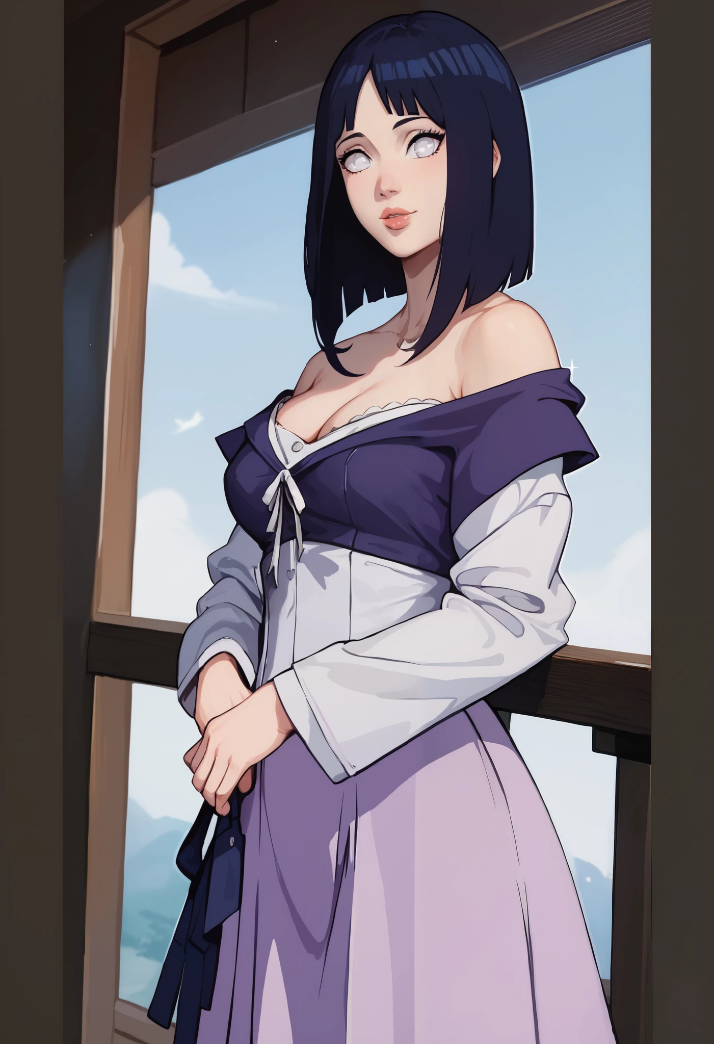 tmasterpiece, best qualityer, ultra - detailed, illustration,1girll,brunette
hair,dark-blue hair,White eyes,bluntbangs,cleavage,Large of breast,Dress off-the-shoulder
shirt,(Purple skirt:1.1)
looking at viewert,hyouka/(Boruto/),Detailed lips