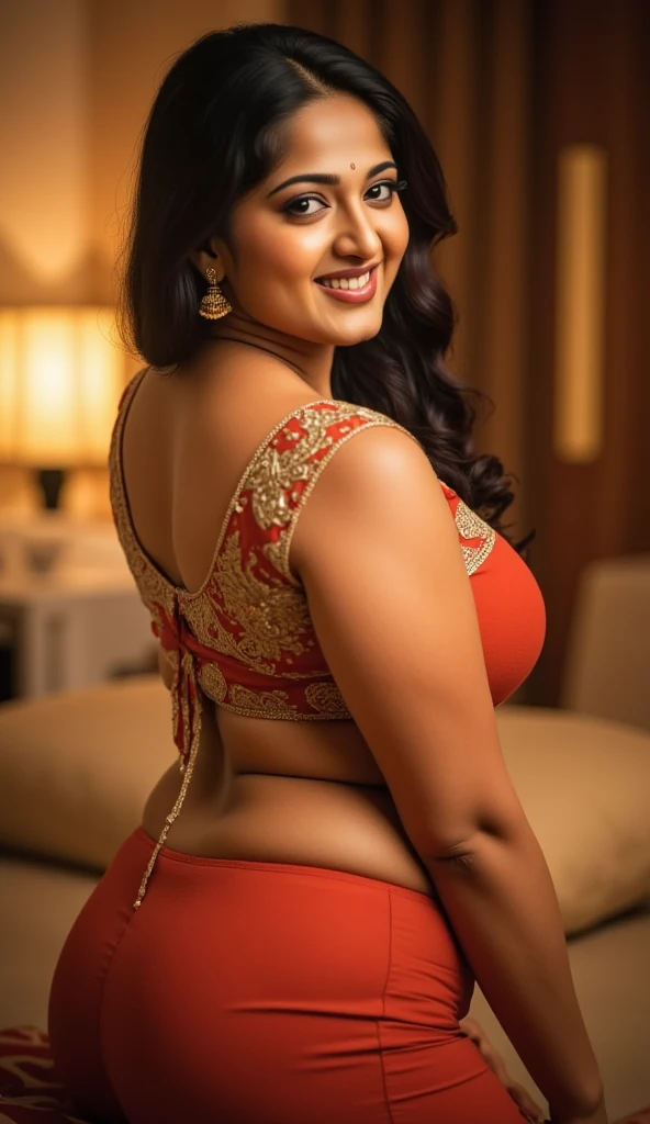 close up photo of Anushka Shetty, curvy, hourglass figure, seductive eyes, look at viewer and smile,, red lips, sultry, ponytail, (cinematic:1.3), intricate details, (ArtStation:1.2)