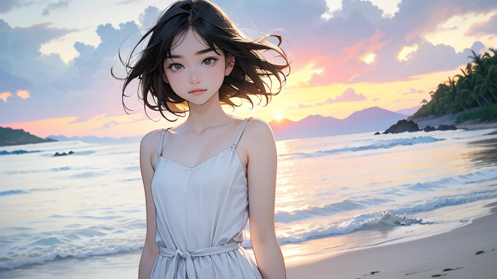 one girl, (12years old:1.4),(Very Young Face),(Japanese famous idol), cute face, ash gray hair:1.5, bob hair, short hair, camera's line of sight, small breasts, An ennui look, (((camisole, dress))) , particles of light, sea of ​​sunset, calm sea, white sand beach, very beautiful sunset, RAW photo, highest quality, High resolution, High resolution, masterpiece:1.3, 8k, 12k, professional photographer,((Extremely precise and accurate anatomy:1.0)),Kind eyes,Graceful pose,(Beauty of form:1.4) Golden ratio, big eye,(nature's providence:1.4),