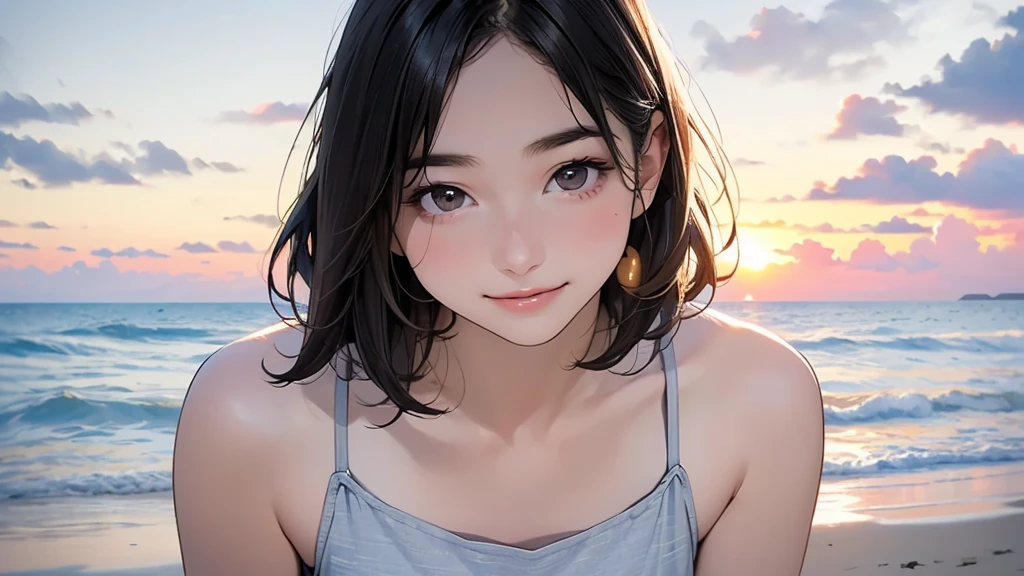 one girl, (12years old:1.4),(Very Young Face),(Japanese famous idol), cute face, ash gray hair:1.5, bob hair, short hair, camera's line of sight, small breasts, An ennui look, (((camisole, dress))) , particles of light, sea of ​​sunset, calm sea, white sand beach, very beautiful sunset, RAW photo, highest quality, High resolution, High resolution, masterpiece:1.3, 8k, 12k, professional photographer,((Extremely precise and accurate anatomy:1.0)),Kind eyes,Graceful pose,(Beauty of form:1.4) Golden ratio, big eye,(nature's providence:1.4),