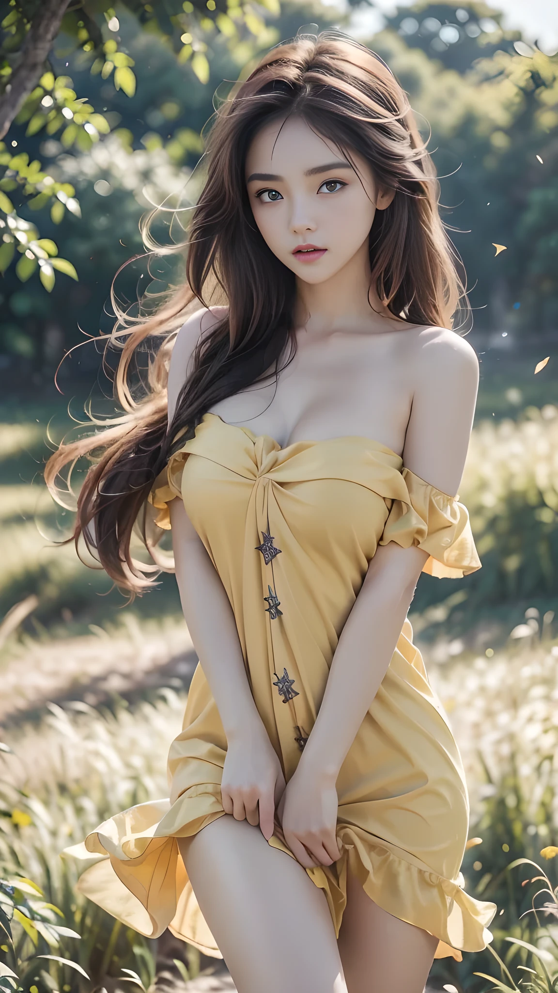 Teen, Sleeping, closed eyes, flower crown,Open mouth, very Deep-v Off shoulder simple dress Orange coloured, collarbone, wide chest, stomach,