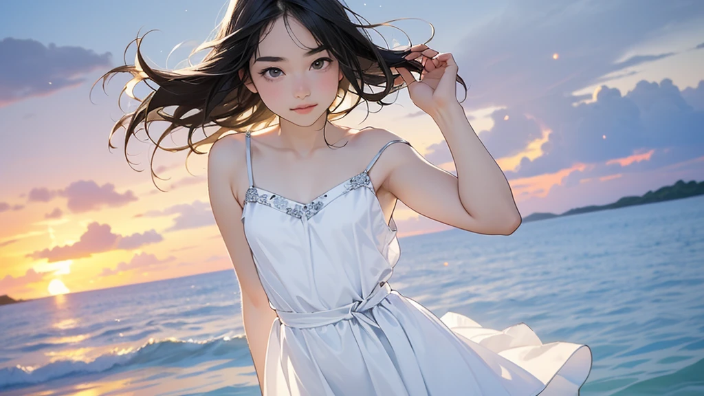 one girl, (12years old:1.4),(Very Young Face),(Japanese famous idol), cute face, ash gray hair:1.5, bob hair, short hair, camera's line of sight, small breasts, An ennui look, (((camisole, dress))) , particles of light, sea of ​​sunset, calm sea, white sand beach, very beautiful sunset, RAW photo, highest quality, High resolution, High resolution, masterpiece:1.3, 8k, 12k, professional photographer,((Extremely precise and accurate anatomy:1.0)),Kind eyes,Graceful pose,(Beauty of form:1.4) Golden ratio, big eye,(nature's providence:1.4),