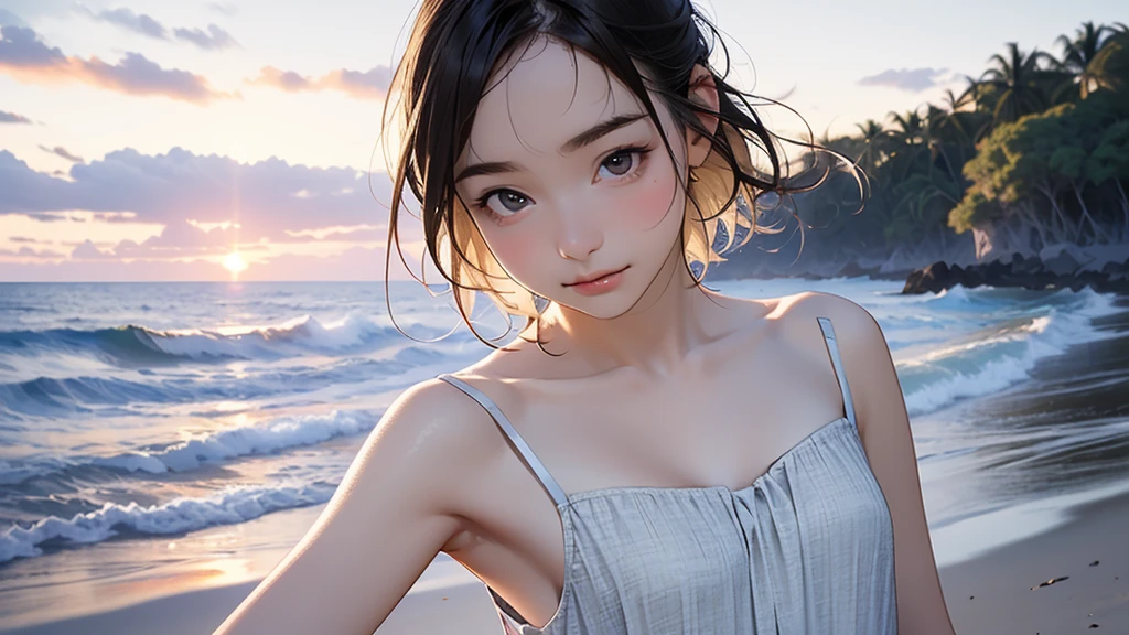 one girl, (12years old:1.4),(Very Young Face),(Japanese famous idol), cute face, ash gray hair:1.5, bob hair, short hair, camera's line of sight, small breasts, An ennui look, (((camisole, dress))) , particles of light, sea of ​​sunset, calm sea, white sand beach, very beautiful sunset, RAW photo, highest quality, High resolution, High resolution, masterpiece:1.3, 8k, 12k, professional photographer,((Extremely precise and accurate anatomy:1.0)),Kind eyes,Graceful pose,(Beauty of form:1.4) Golden ratio, big eye,(nature's providence:1.4),