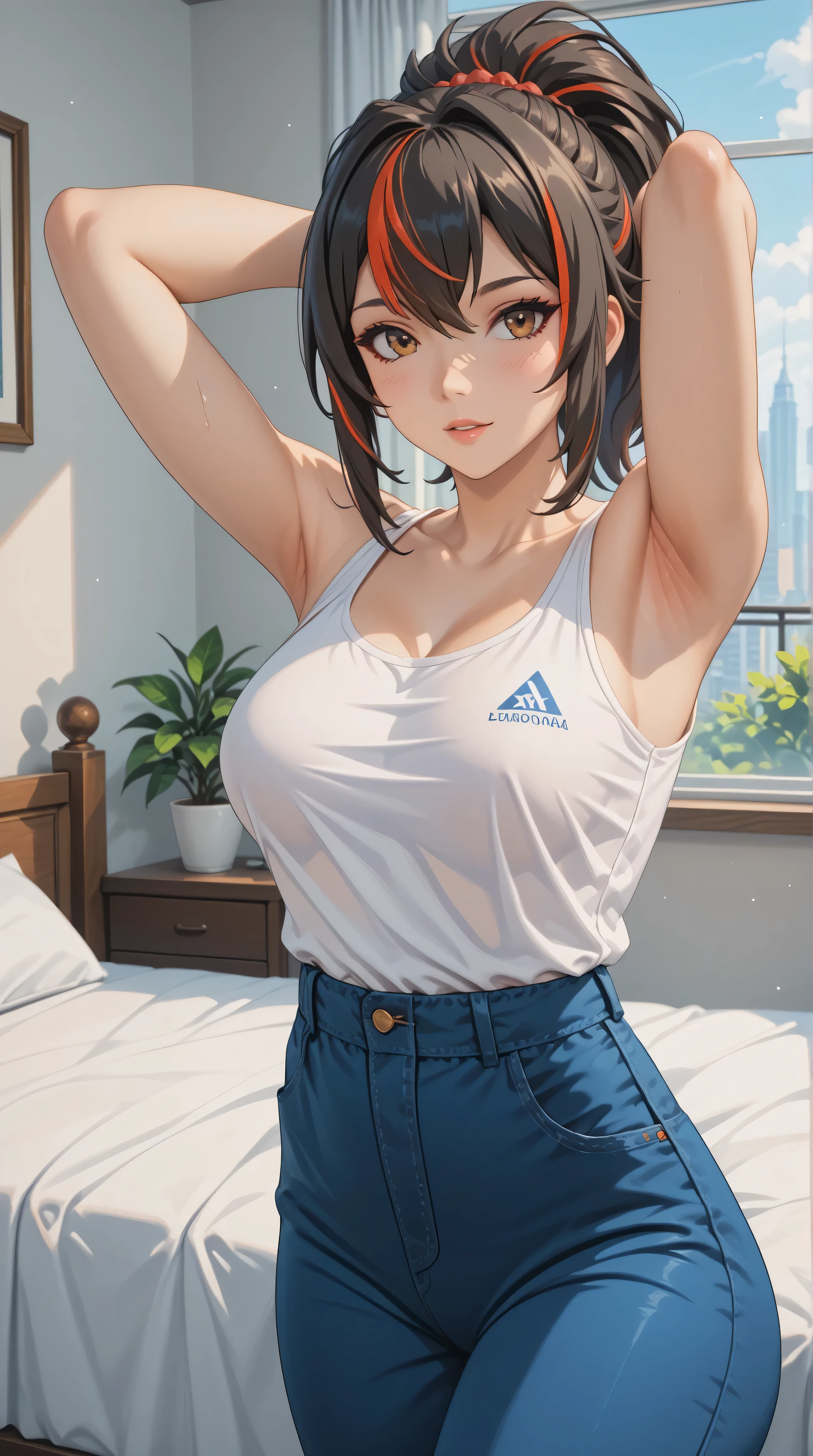 Masterpiece, extremely detailed,4k,solo, 1girl, Zhu yuan, beauty anime face, Brown eyes, ponytail streaked hair, full body ,perfect slim body ,arms behind head,perfect slim body, very large breasts,white tanktop,((short hot pants)), Front look, bed room, sit on the bed, sunlight on the windows, cowboy shot, bokeh, photograph
