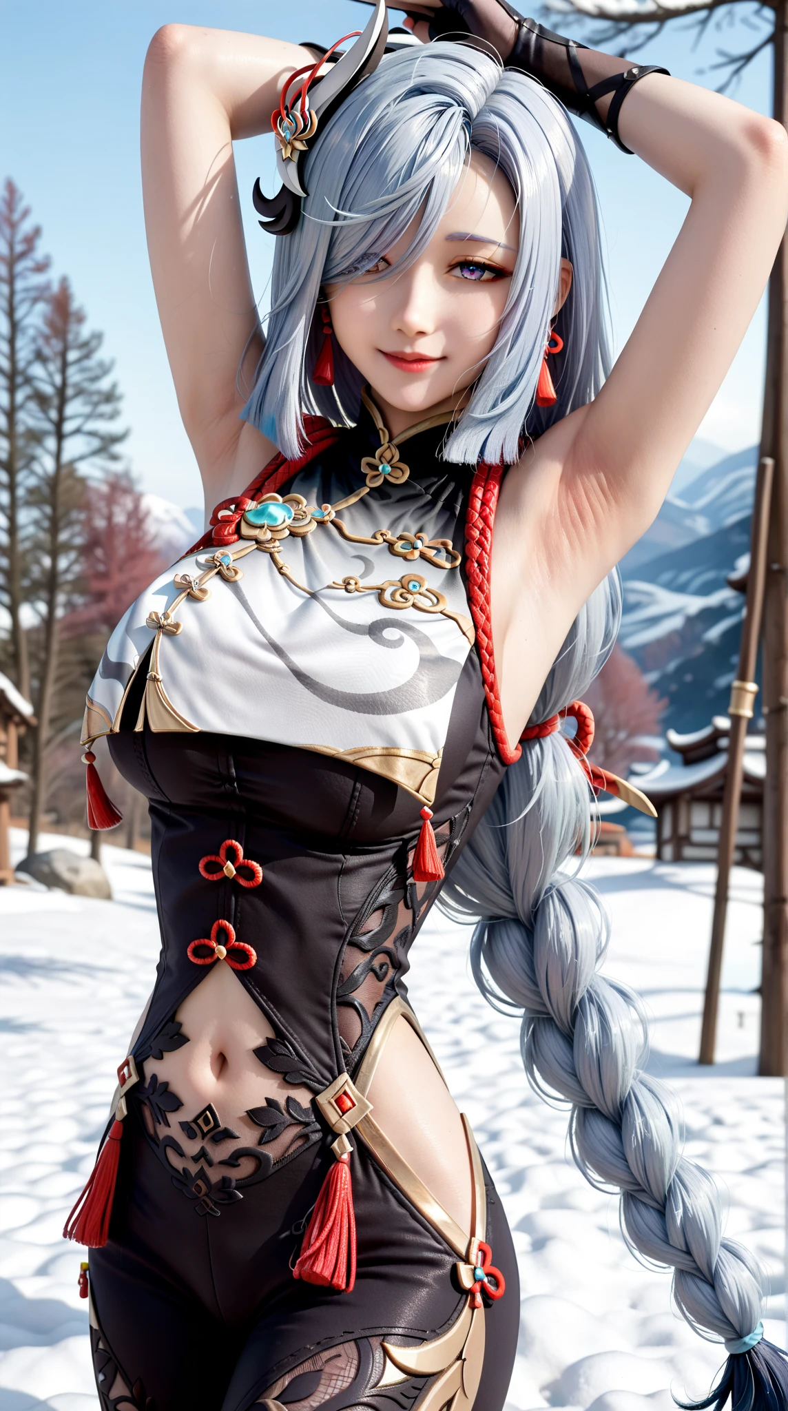 shenhedef, upper body, seductive look, blush, outdoors, snowflake scenery, looking at viewer, cloudy, moody lighting, (perfect detail eyes:1.2), glowing eyes, (long hair one braid:1.2), elemental skill effect, (Masterpiece, Best Quality, High Quality:1.4), professional artwork, Intricate Details, field of view, sharp focus, detailed painting, photorealistic lighting, trending on pixiv, (vivid lighting, vibrant colors:1.05), realistic shadows, ambient occlusion, (athletic body:1.3), mature woman, 30yo,high quality ,detailed